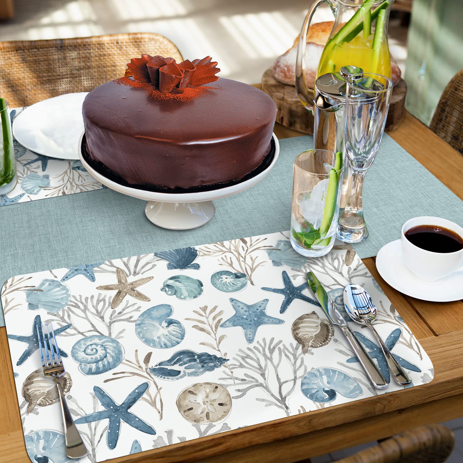 CounterArt Blue Escape Seashells 4-Pack Reversible Placemats - BPA-Free Flexible Plastic, Easy Wipe Clean & Durable - Made in USA - Perfect for Beach-Themed Dining, Kitchen Decor & Outdoor Entertaining