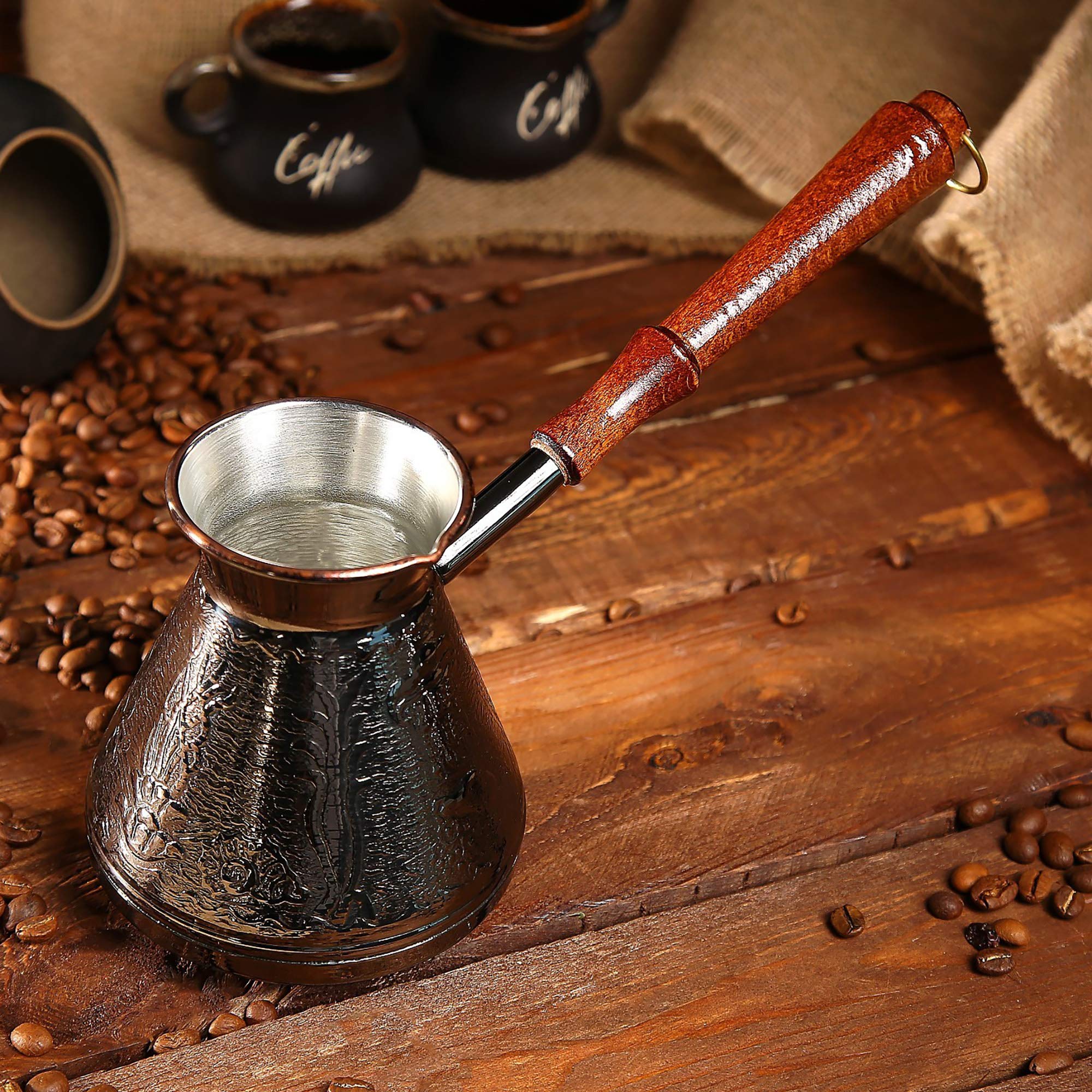 AEVVV 20 Oz Copper Turkish Coffee Maker - Stovetop Cezve Ibrik with Wooden Handle for Greek & Arabic Coffee - Vintage Engraved Nautical Decor for Home & Gift Use - Perfect for Camping, Picnics & Coffee Lovers