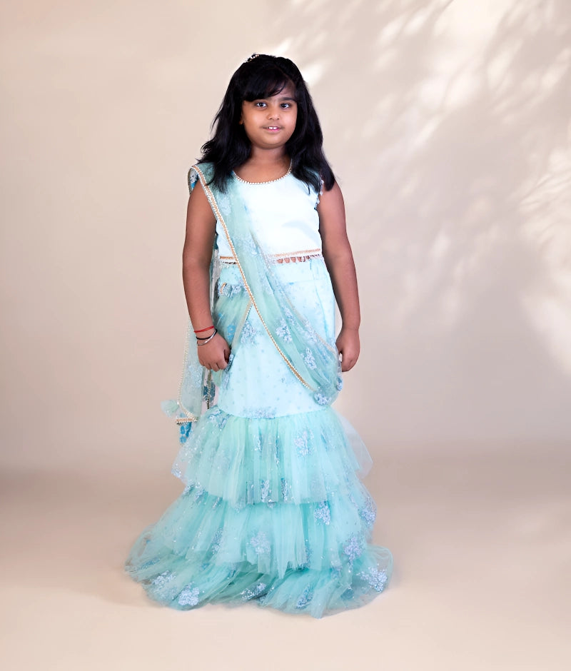 Pre Order: Blue Embroidered Lehenga Saree - Elegant Indian Bridal Wear for Weddings & Festive Occasions