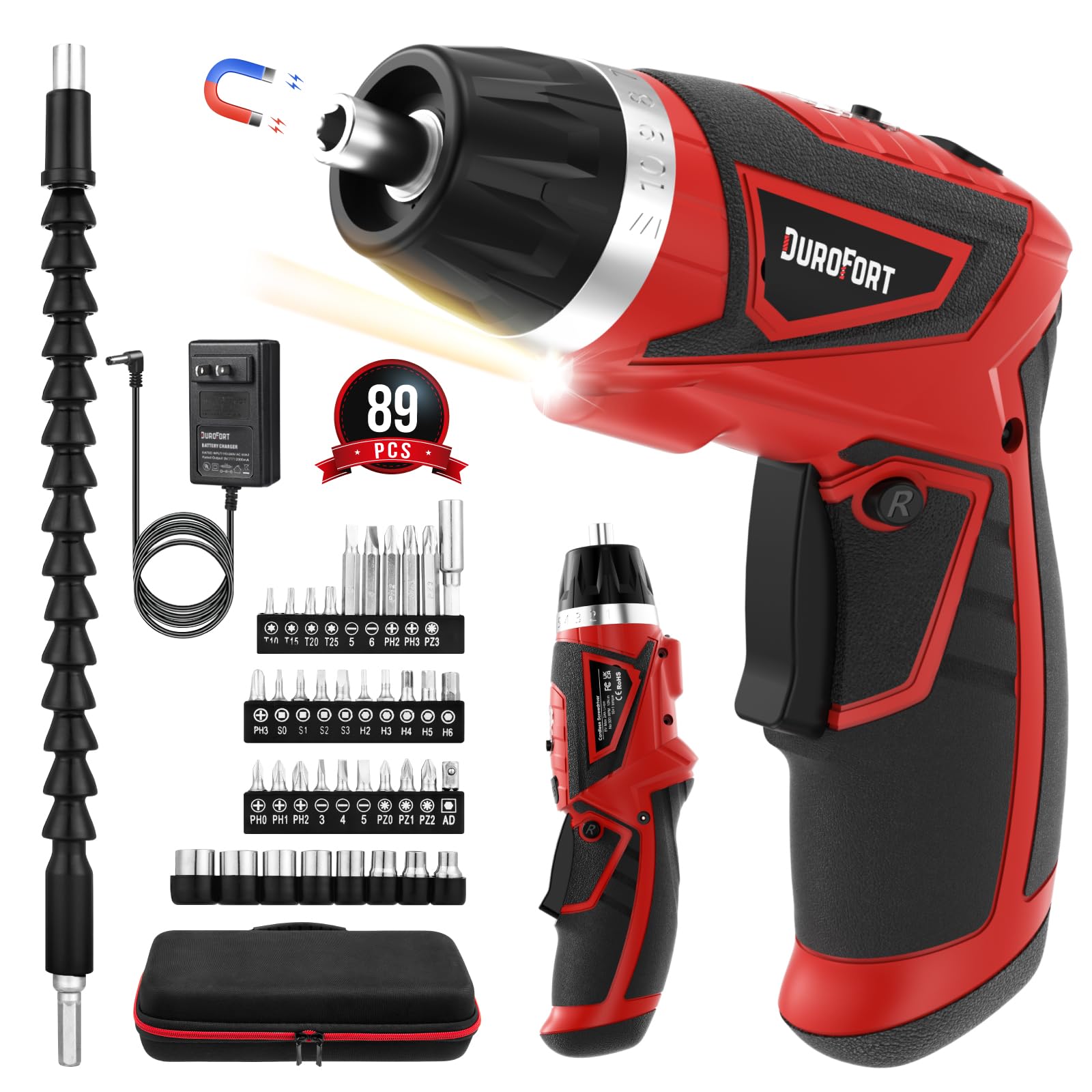 8V Cordless Electric Screwdriver Set with 89-Piece Accessories - 10Nm Rechargeable Screwdriver Kit, 10+1 Torque Settings, 2-Position Handle, Battery Indicator & LED Light - Perfect for DIY Home Repairs, Furniture Assembly, and Electronics Maintenance