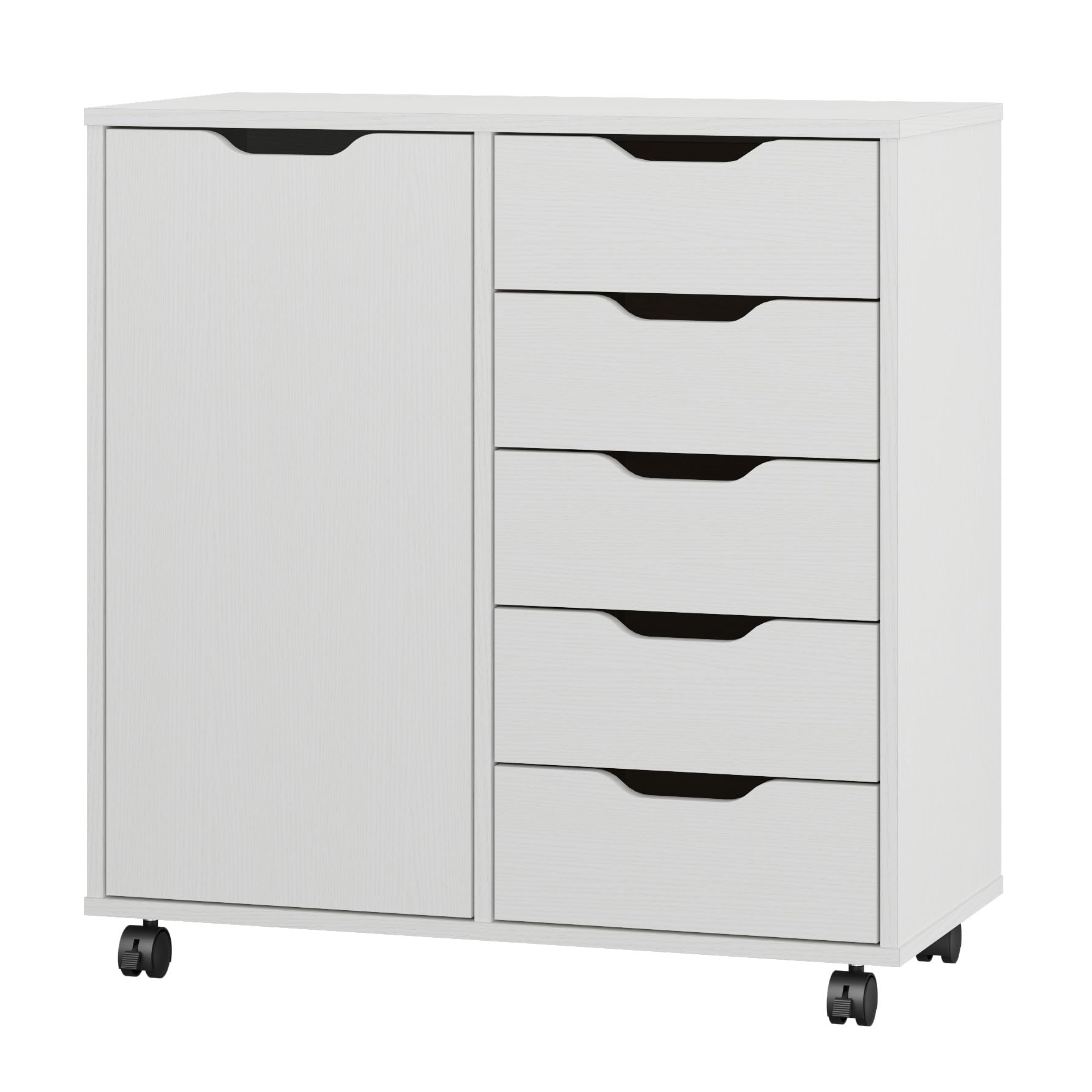 Panana 5-Drawer Wooden Dresser with Wheels & Door - White Storage Cabinet for Bedroom, Office Organization & Clothes Storage - Perfect for Small Spaces & Home Decor