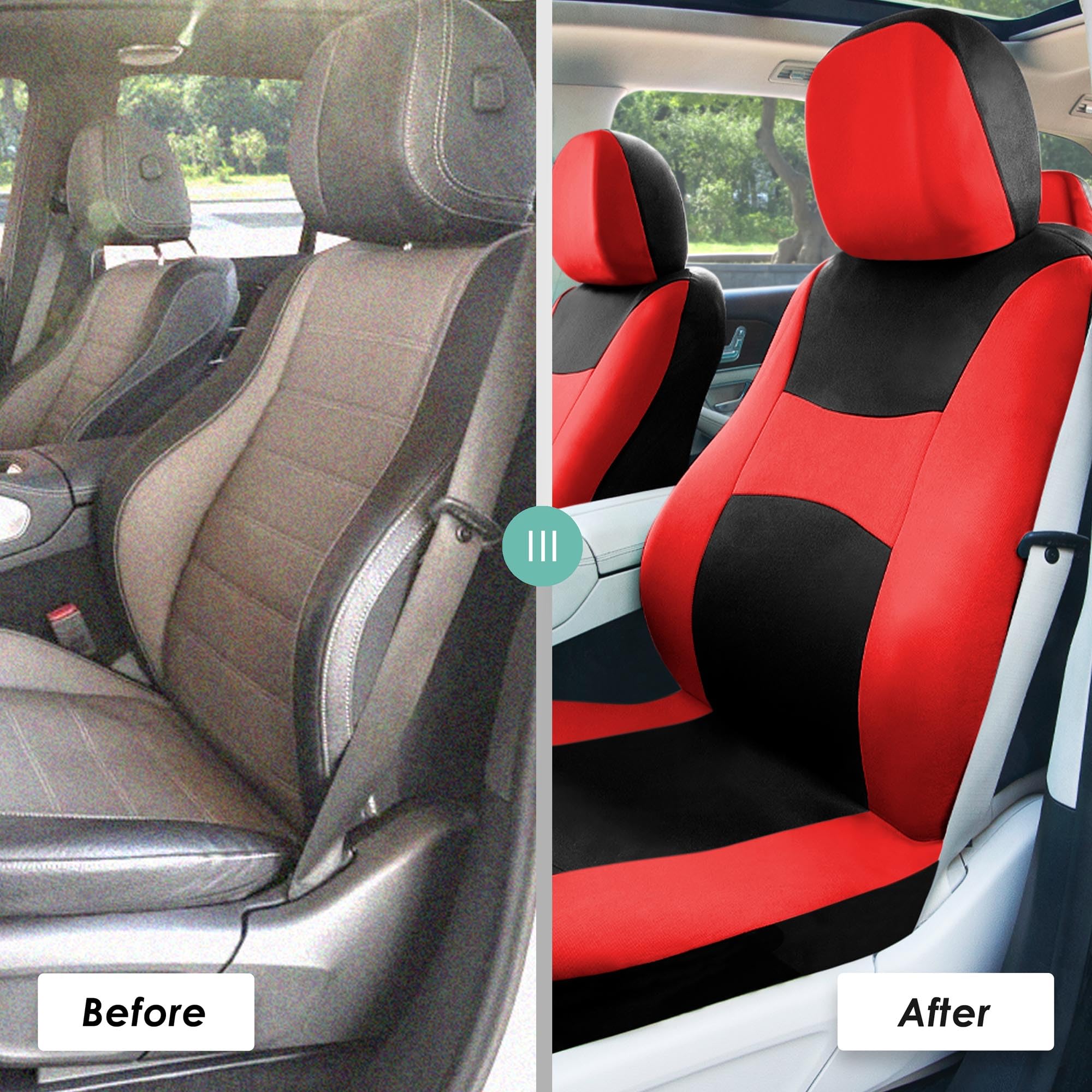 FH Group Light & Breezy Cloth Full Set Car Seat Covers Combo - Universal Fit for Cars, Trucks & SUVs (Steering Wheel Cover, Seat Belt Pads, Black Vinyl Floor Mats) - Red/Black - Perfect for Road Trips & Daily Commute