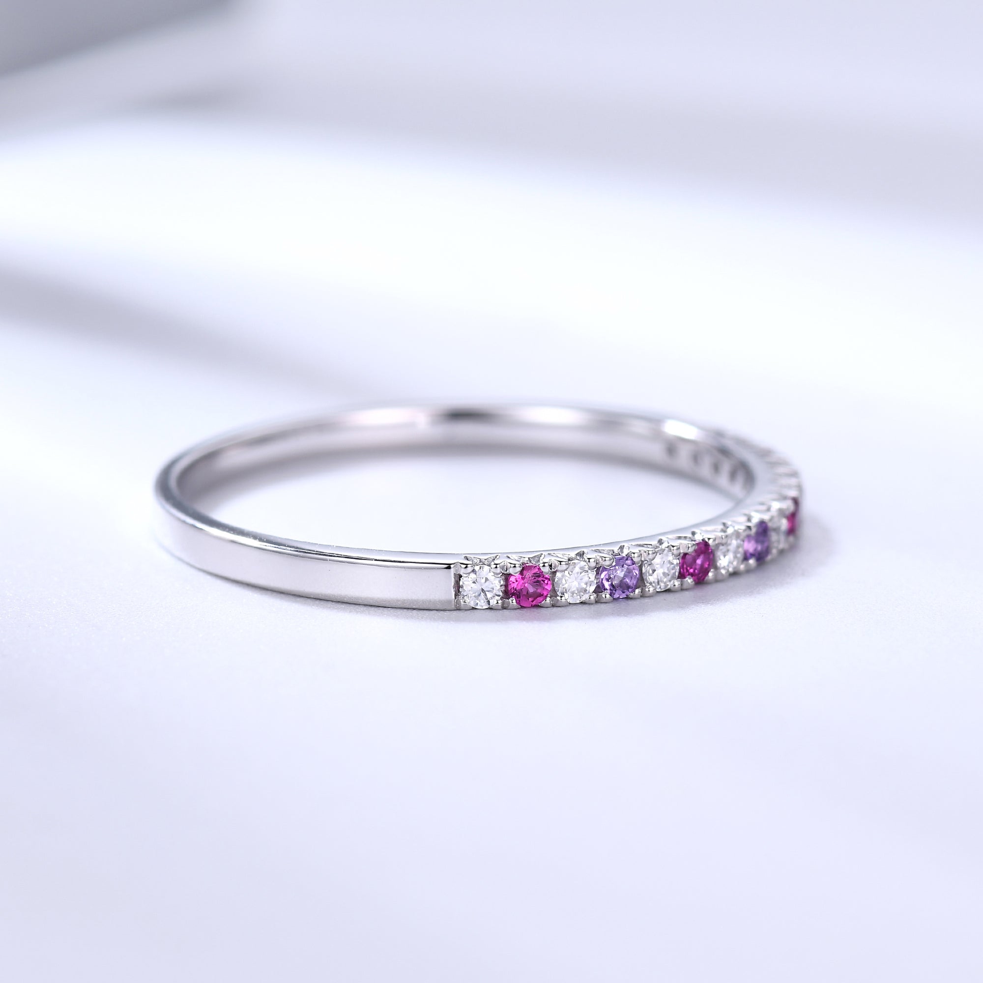 Multi Gemstone Wedding Band - Half Eternity Moissanite, Amethyst & Ruby Stacking Ring for Women | Perfect for Bridal Sets, Anniversary Gifts & Family Jewelry Collections