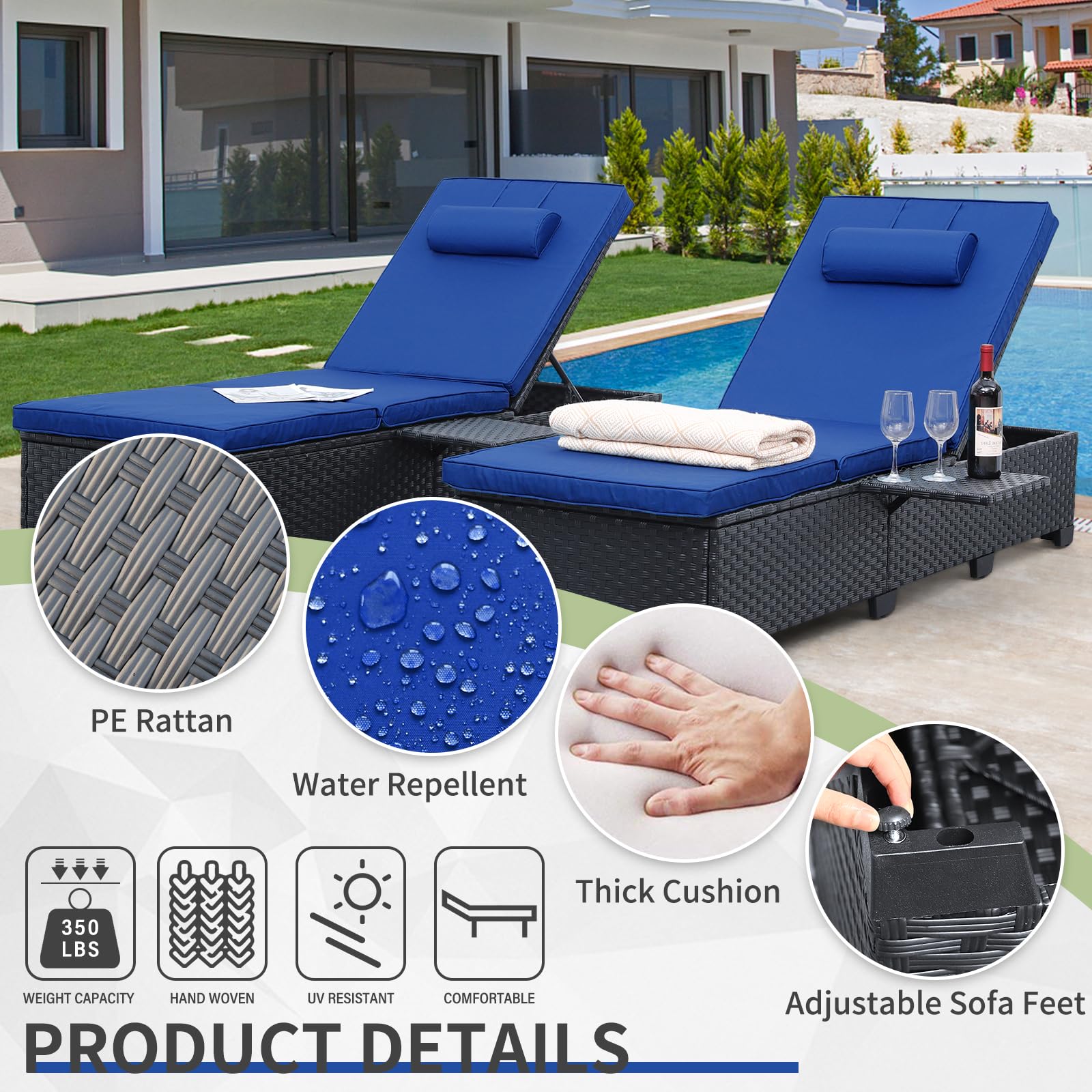 Premium WAROOM Outdoor Chaise Lounge Chairs Set of 2 - Black Wicker Rattan Reclining Pool Sunbathing Chairs with Adjustable Backrest & Royal Blue Cushions - Perfect for Patio, Garden, Poolside Relaxation and Backyard Lounging