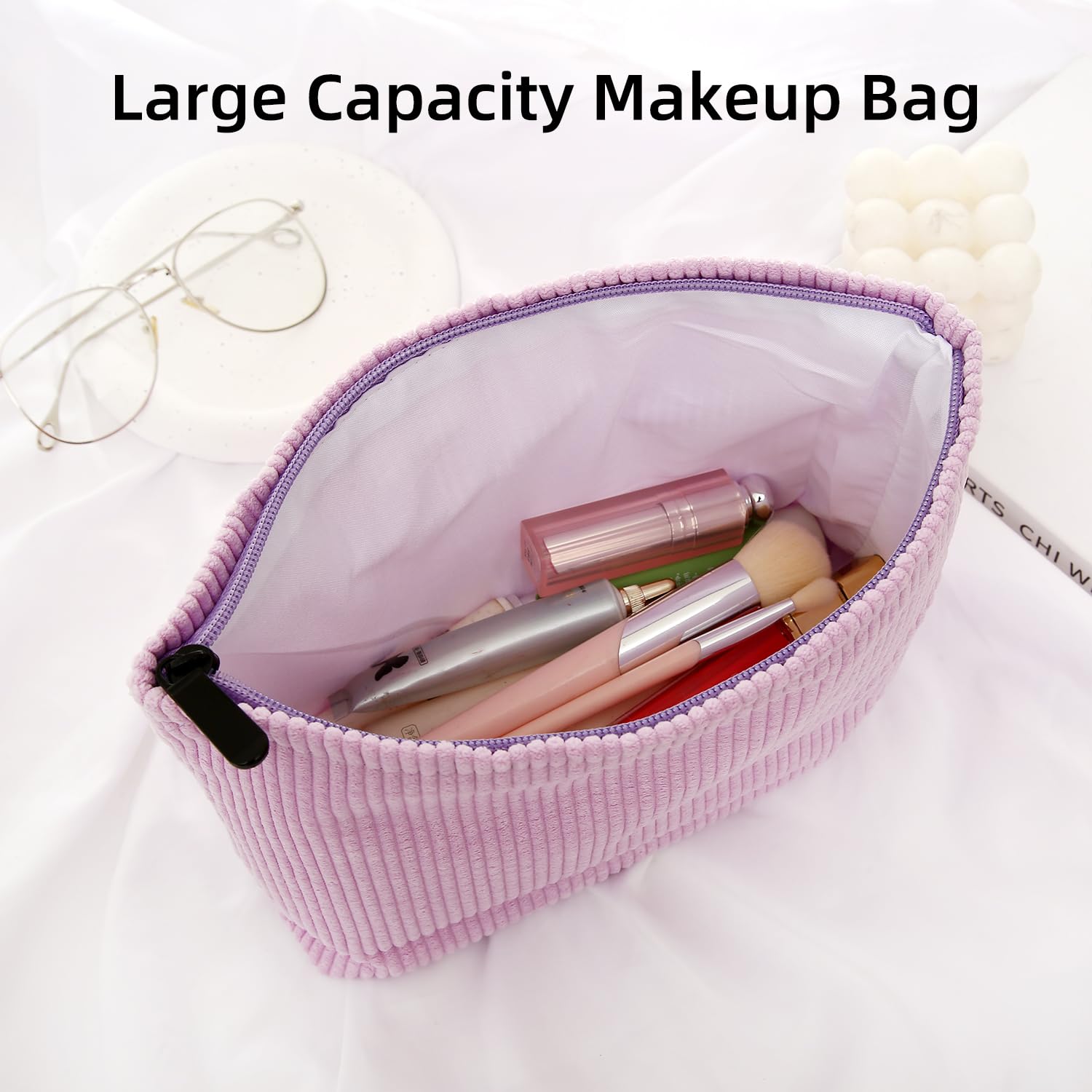 Preppy Cute Corduroy Cosmetic & Makeup Bag for Women - Travel Toiletry Essentials (Purple) | Perfect for Gym, Vacation & Daily Organizer