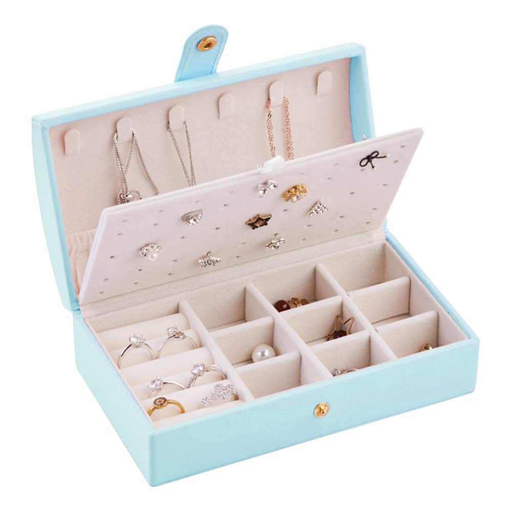 Portable PU Leather Travel Jewelry Organizer Box - Compact Jewelry Storage Case for Rings, Earrings, Necklaces & Bracelets - Light Blue | Perfect for Vacation, Business Trips & Daily Organization