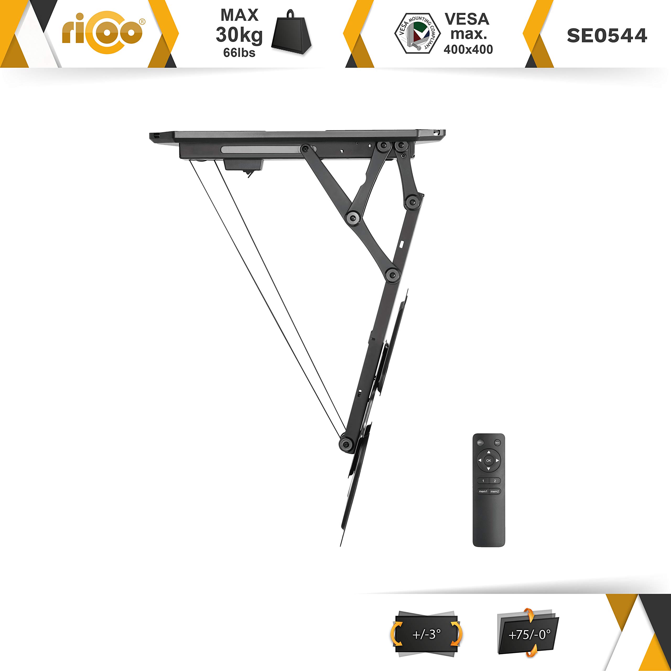 RICOO SE0544 Electric TV Ceiling Mount for 23-55 Inch TVs - Foldable Lift System Supports Up to 30kg & VESA 400x400mm - Perfect for Living Rooms, Bedrooms & Home Theaters