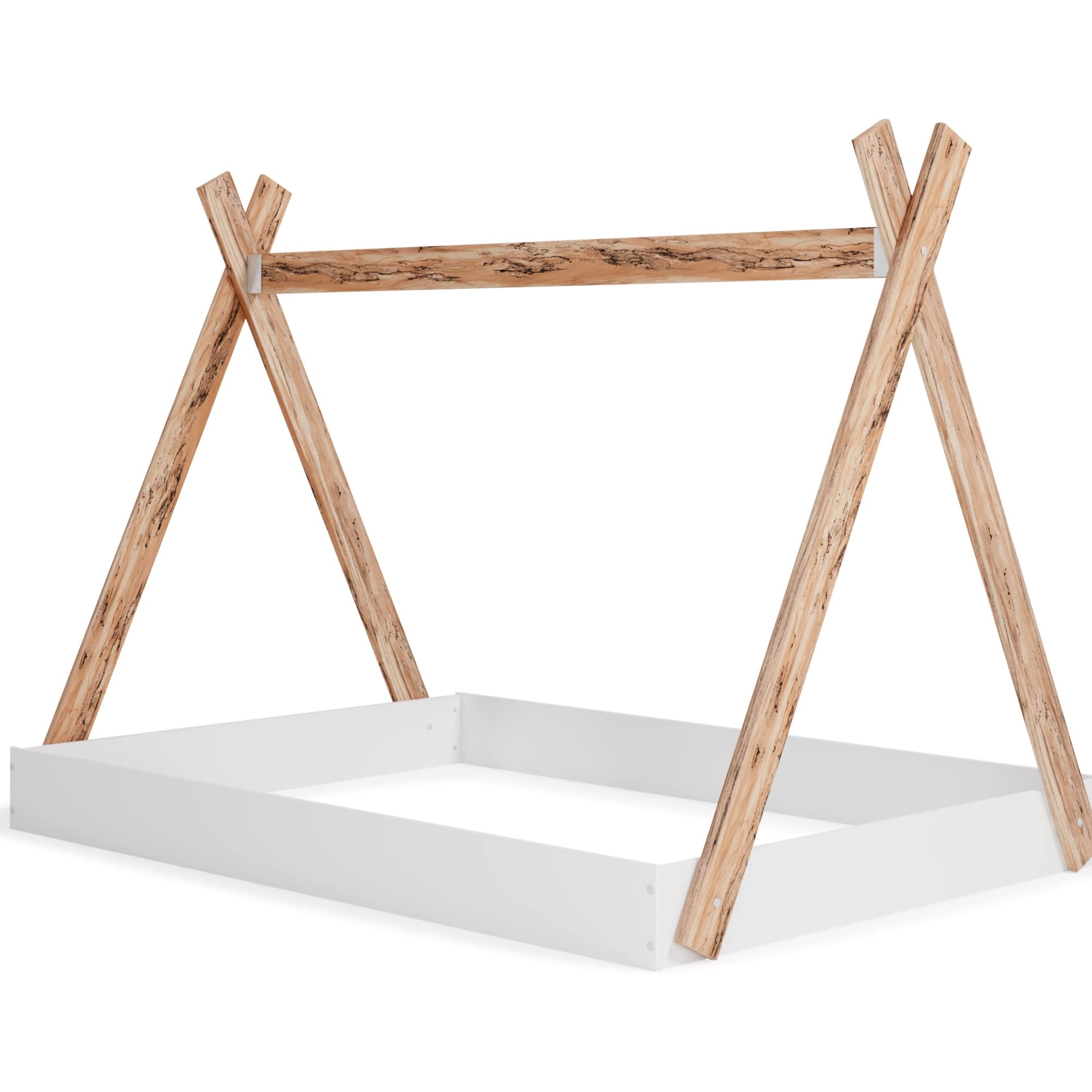 Ashley Piperton Contemporary Full Size Floor Tent Bed Frame for Kids & Toddlers - Natural Wood & White Finish - Perfect for Playrooms, Bedrooms & Sleepovers