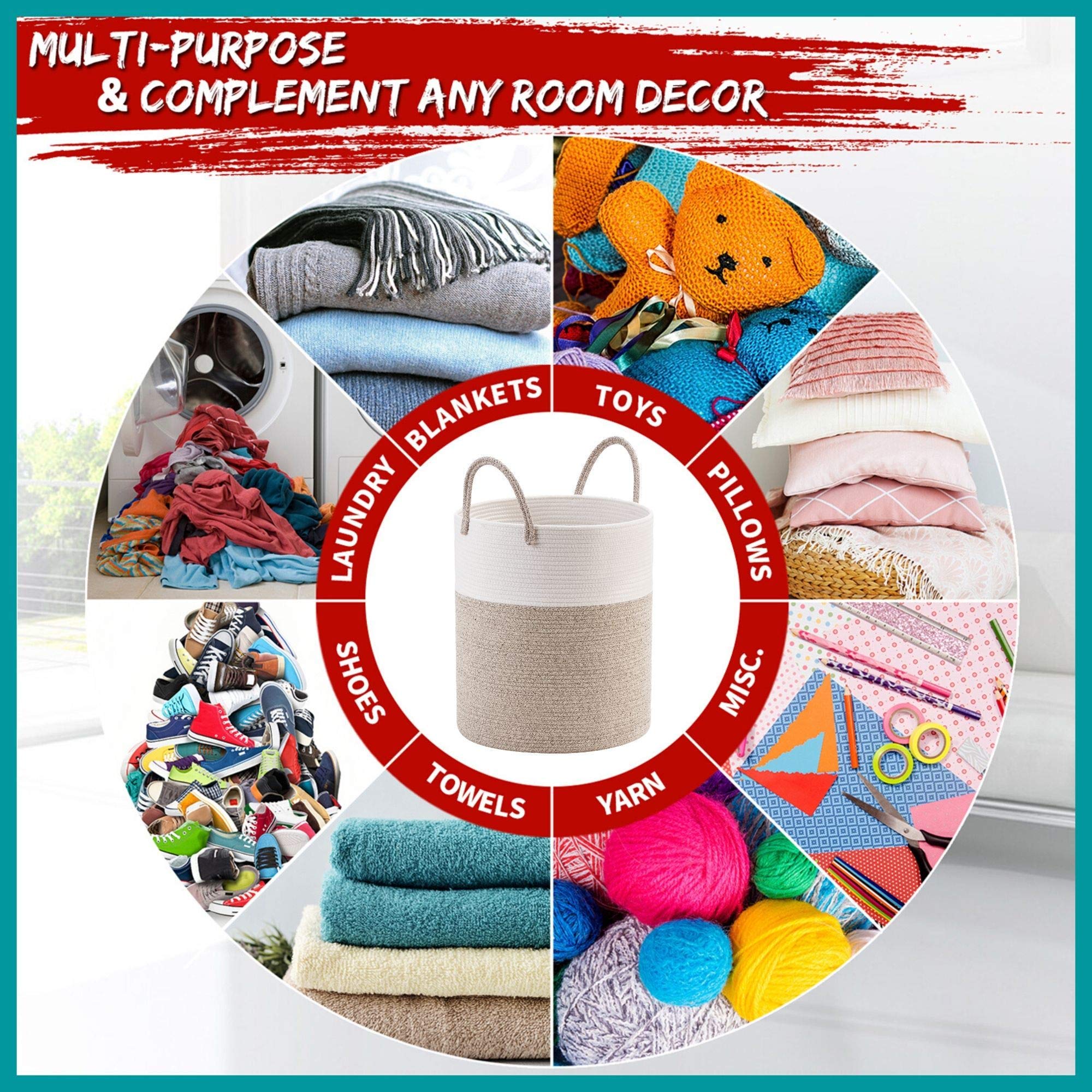 MINTWOOD Large Woven Cotton Rope Basket - 18x16 Inch Decorative Storage Organizer for Laundry, Blankets, Toys & Towels | Natural Light Brown Hamper for Bedroom, Living Room & Nursery Organization