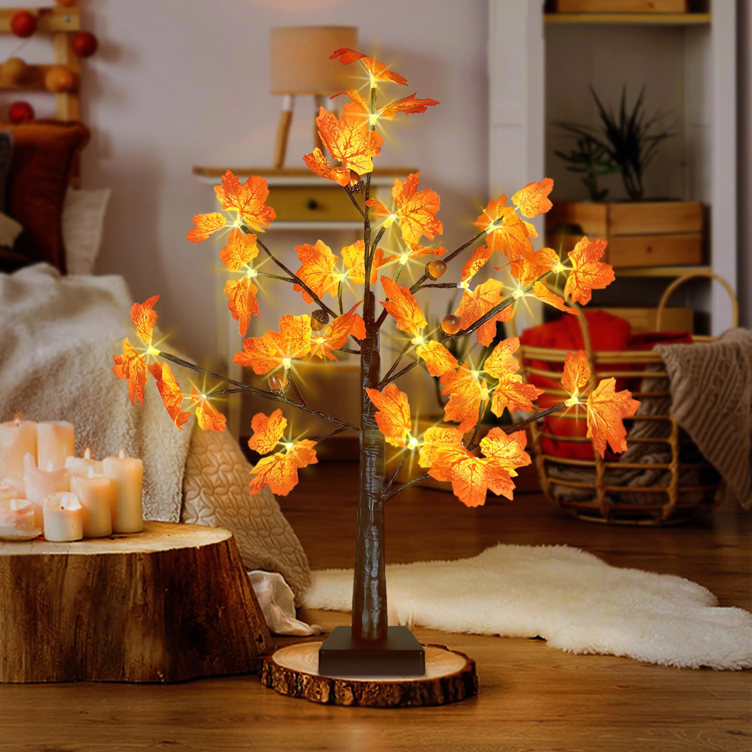 2FT LED Lighted Fall Tree with Dimmable Timer - Artificial Maple Tabletop Tree for Home Decor, Thanksgiving & Autumn Season - Perfect for Living Room, Porch, and Holiday Centerpiece Decorations