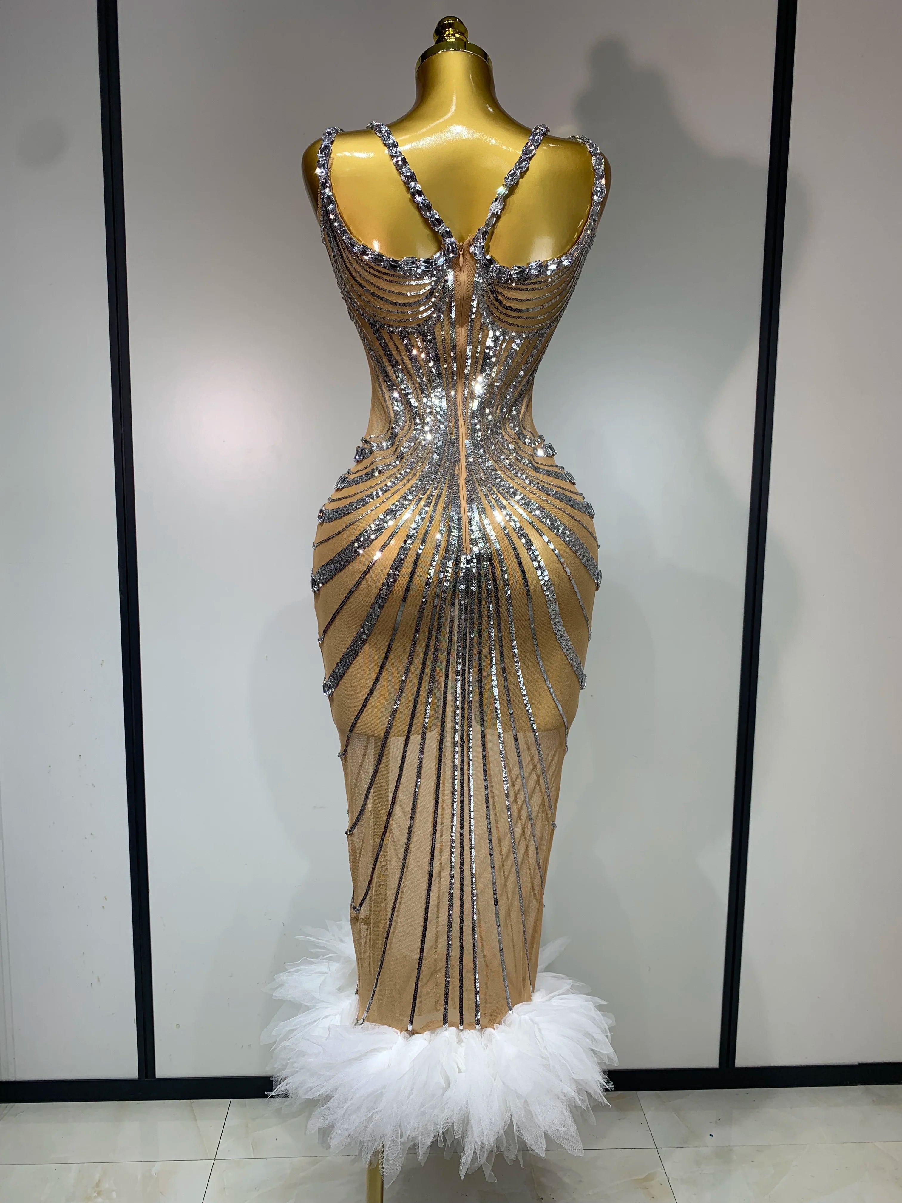 2025 Women's Luxury Rhinestone Mesh Long Dress - Sexy See-Through White Prom Gown for Birthday Party, Nightclub & Singer Performances | Elegant Evening Wear & Special Occasion Outfit