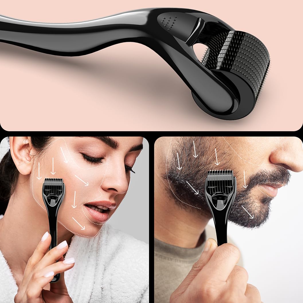 Professional Titanium Derma Roller Microneedle Kit - 0.25mm Face & Beard Roller for Skin Rejuvenation & Hair Growth | At-Home Skincare Treatment | Perfect for Anti-Aging, Wrinkles & Acne Scars | Black