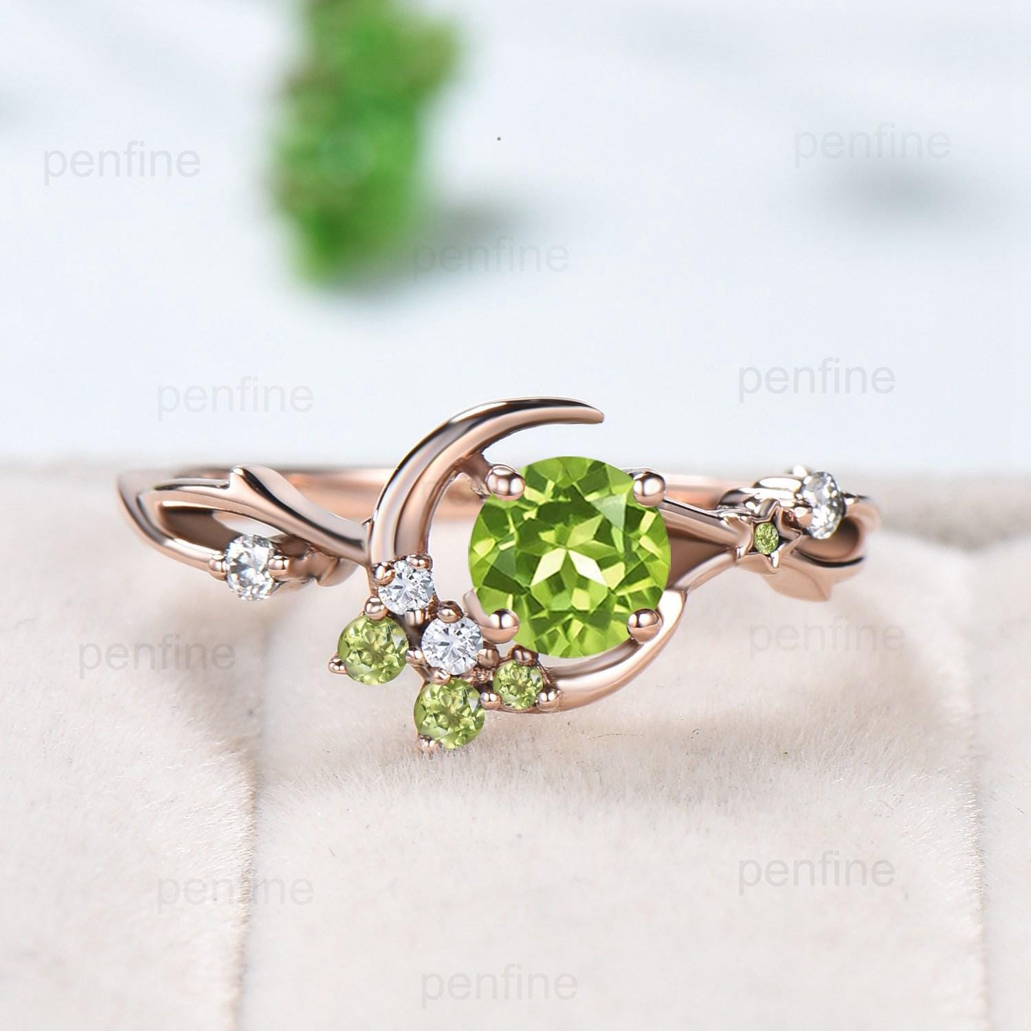Natural Peridot Engagement Ring - Round Green Peridot Gemstone in Vintage Rose Gold with Star & Moon Design, August Birthstone Jewelry for Women, Perfect for Anniversary, Proposal & Special Occasions