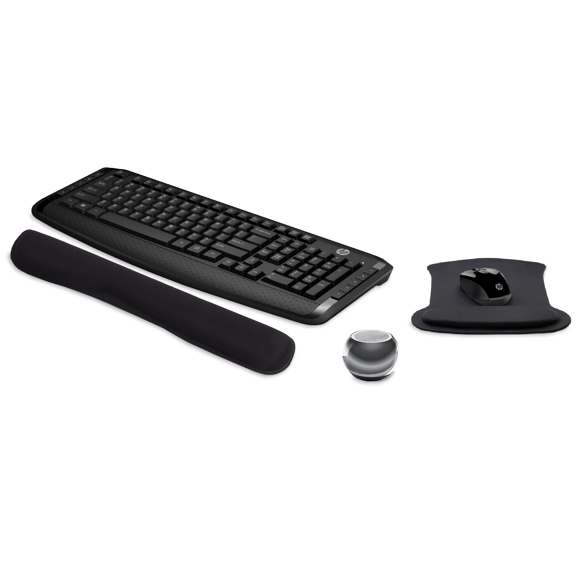 HP Wireless Keyboard and Mouse 300 Bundle - Ergonomic PC Accessories Set with Comfort Gel Mouse Pad, Wrist Support, Mini Bluetooth Speaker with HD Sound, Built-in Mic & Selfie Button - Perfect for Home Office, Gaming & Remote Work
