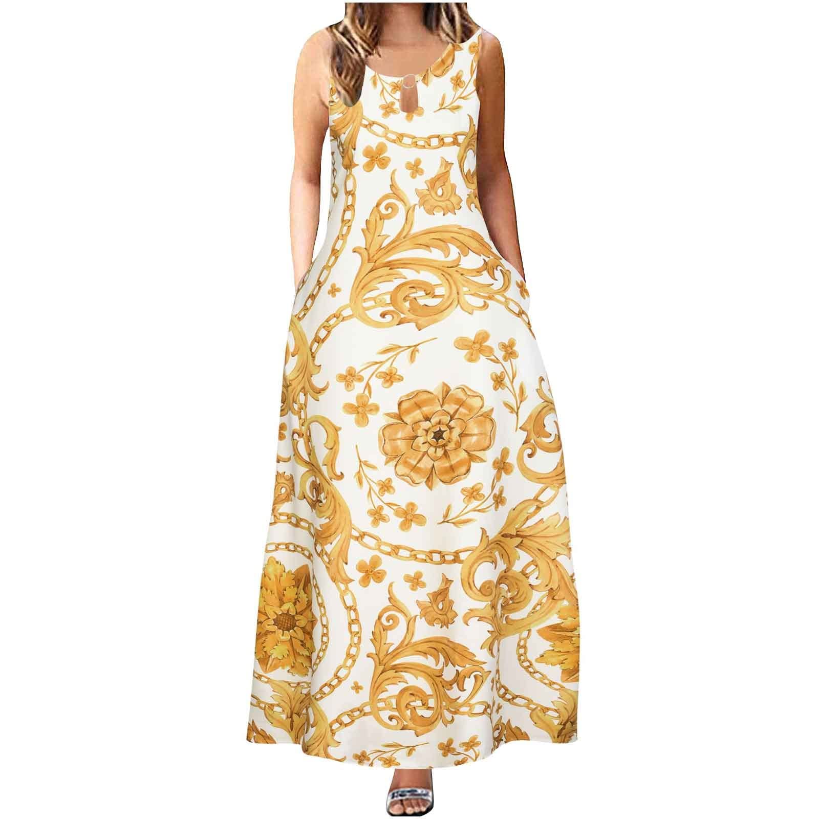Women's V-Neck Maxi Tank Dress - Sleeveless Long Summer Dress with Pockets, Retro Floral Print, Casual Beach Sundress for Party, Vacation & Outdoor Activities