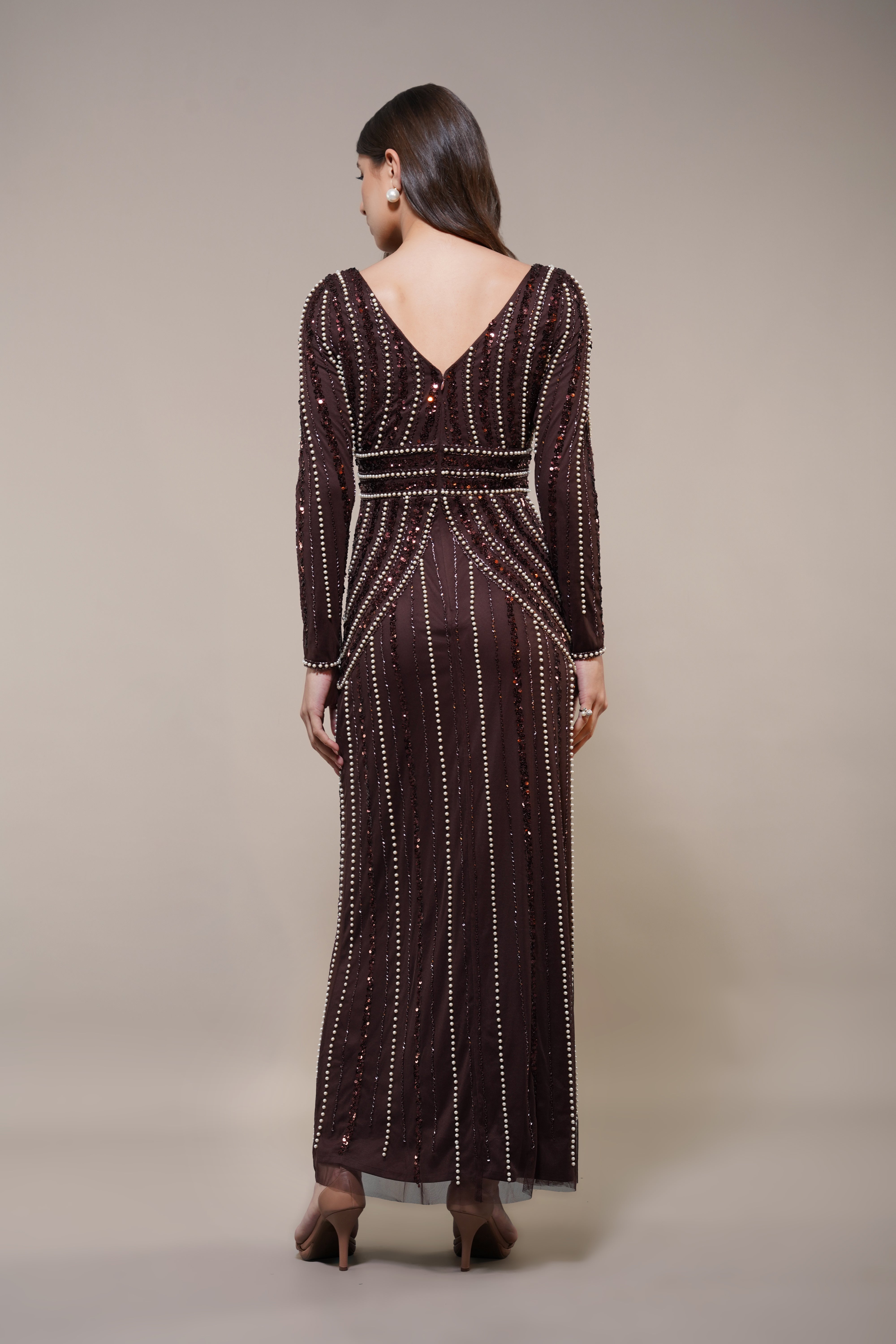 Cordelia Embellished Maxi Dress in Coffee Brown | Elegant Boho Evening Gown for Women | Perfect for Weddings, Parties & Special Occasions