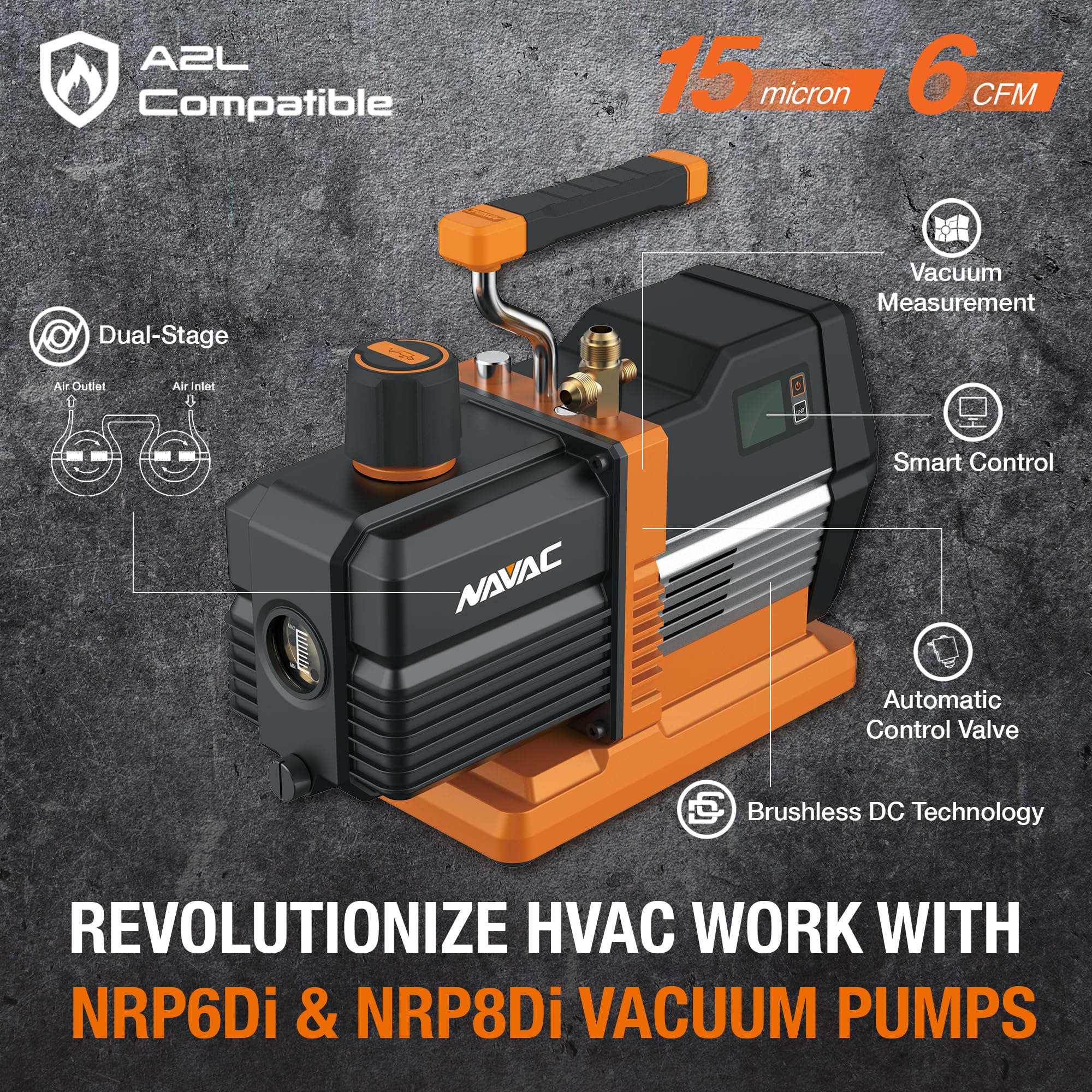 NAVAC NRP6Di Smart HVAC Vacuum Pump - 6 CFM Flow Rate for AC & Refrigeration Evacuation | Digital Smart Control Technology | 2-Year Warranty | Professional HVAC Tool for Repair & Maintenance