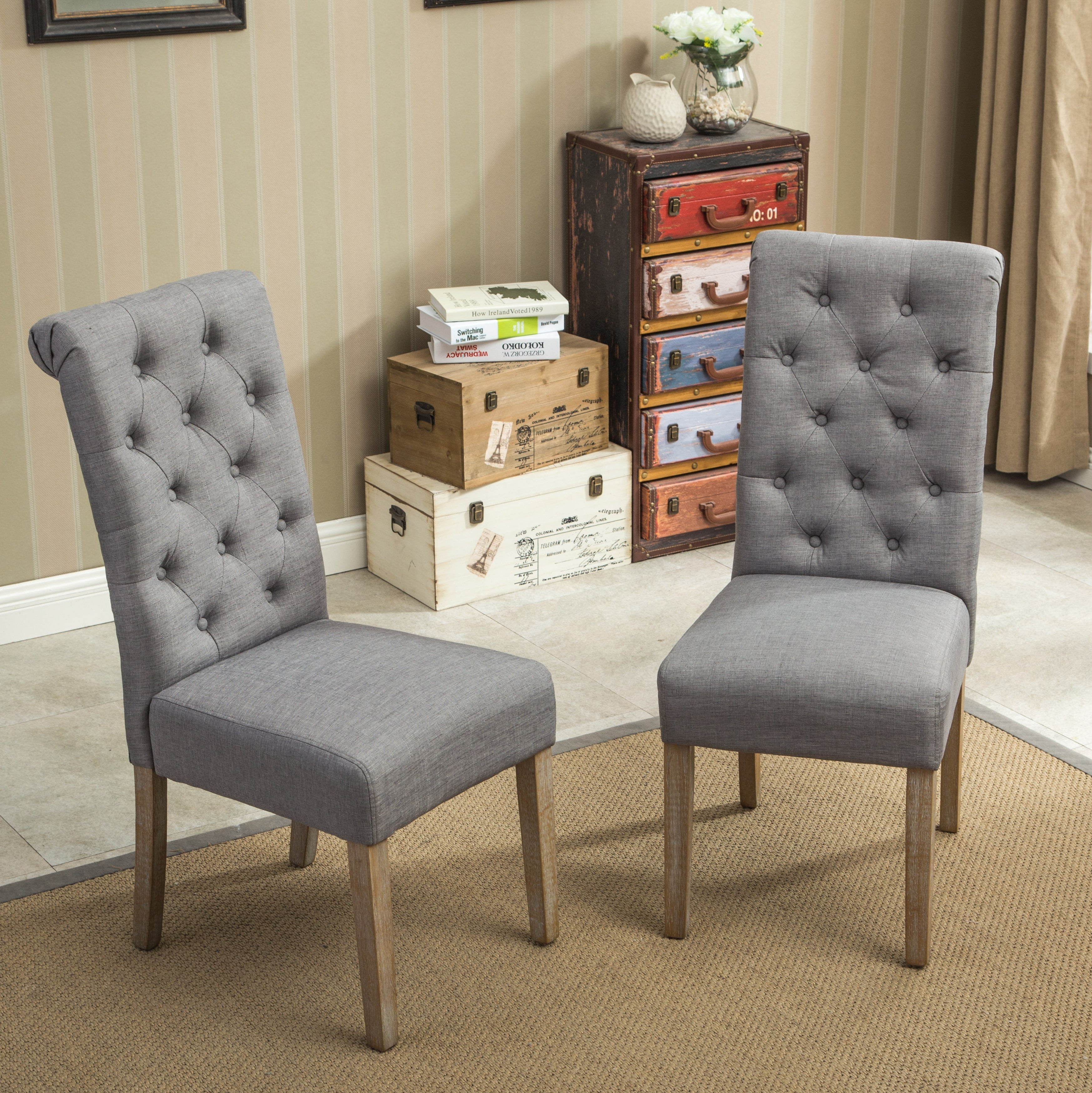 Roundhill Furniture Solid Wood Tufted Parsons Dining Chairs - Set of 2, Grey - Modern Farmhouse Style for Dining Room, Kitchen, or Home Office