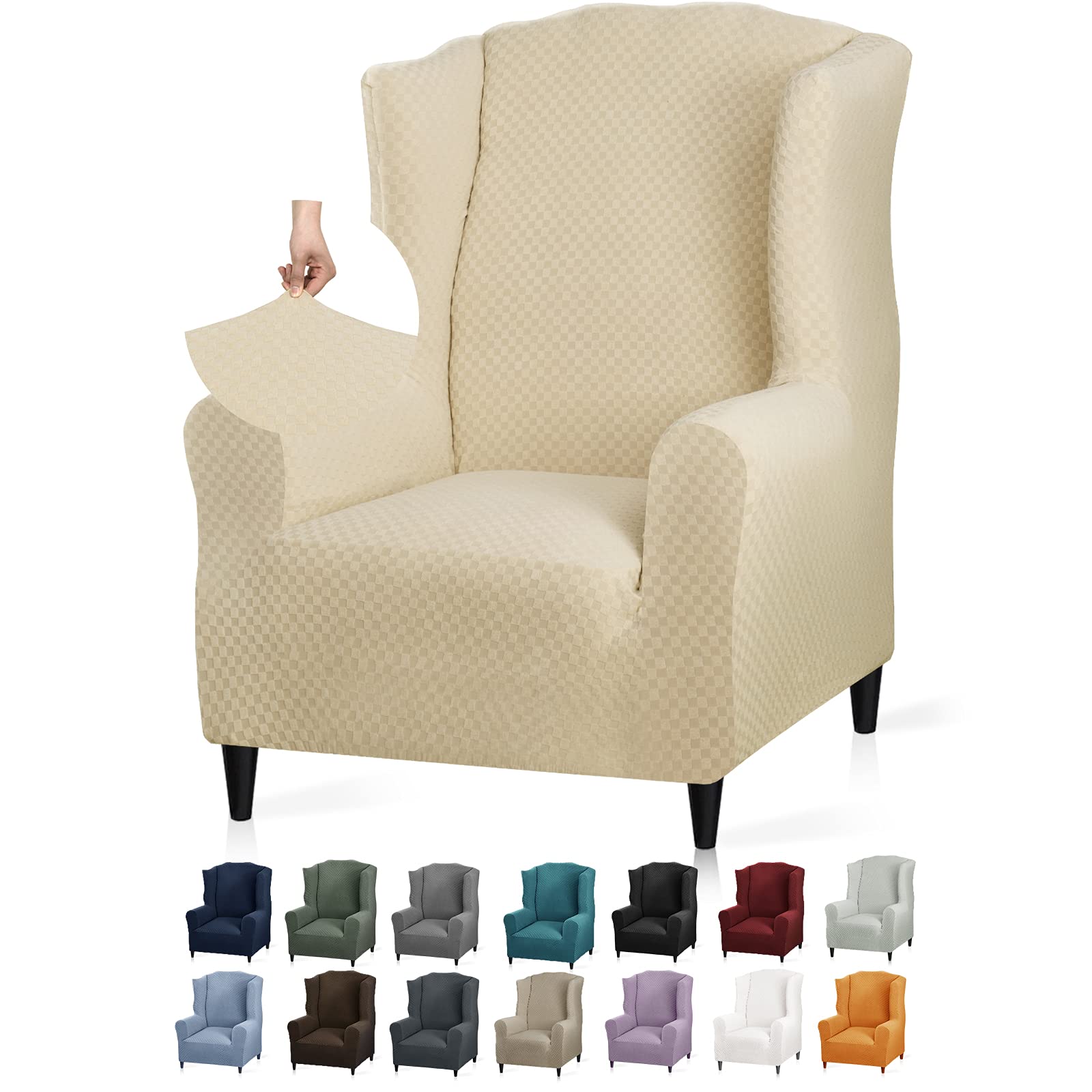 YEMYHOM Stretch Wingback Chair Slipcover - Jacquard Design Wing Chair Cover with Non-Slip Foam Rods, Furniture Protector for Living Room, Bedroom, Office - Beige (Fits Most Wingback Chairs) | Easy to Install & Wash, Perfect for Home Decor & Pet Protection