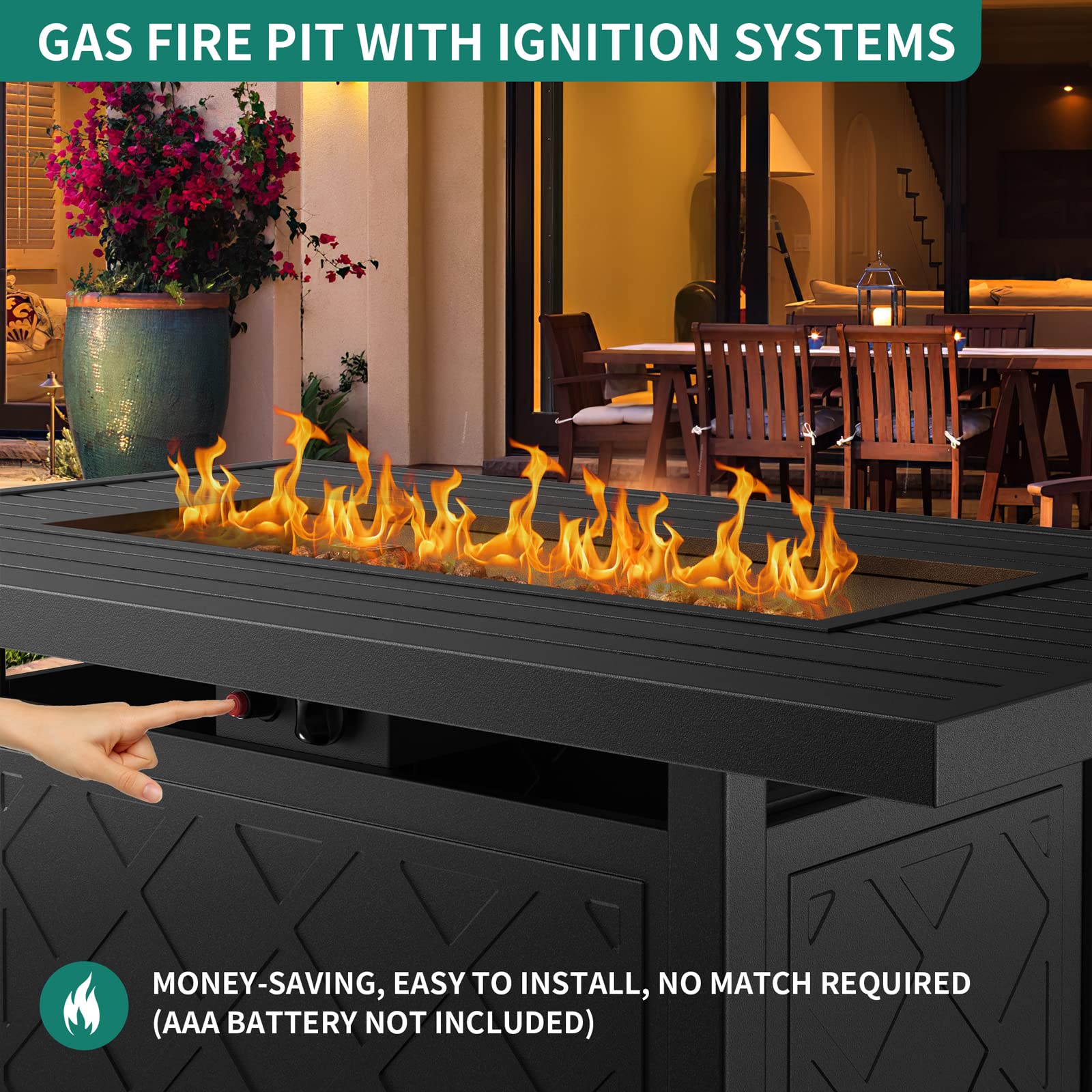 YITAHOME 43 Inch Black Rectangular Propane Fire Pit Table - 50,000 BTU Outdoor Gas Fire Pit with Electronic Ignition, Iron Tabletop & Lava Rocks - Includes Cover - Perfect for Patio, Deck, Garden, Backyard & Camping Gatherings