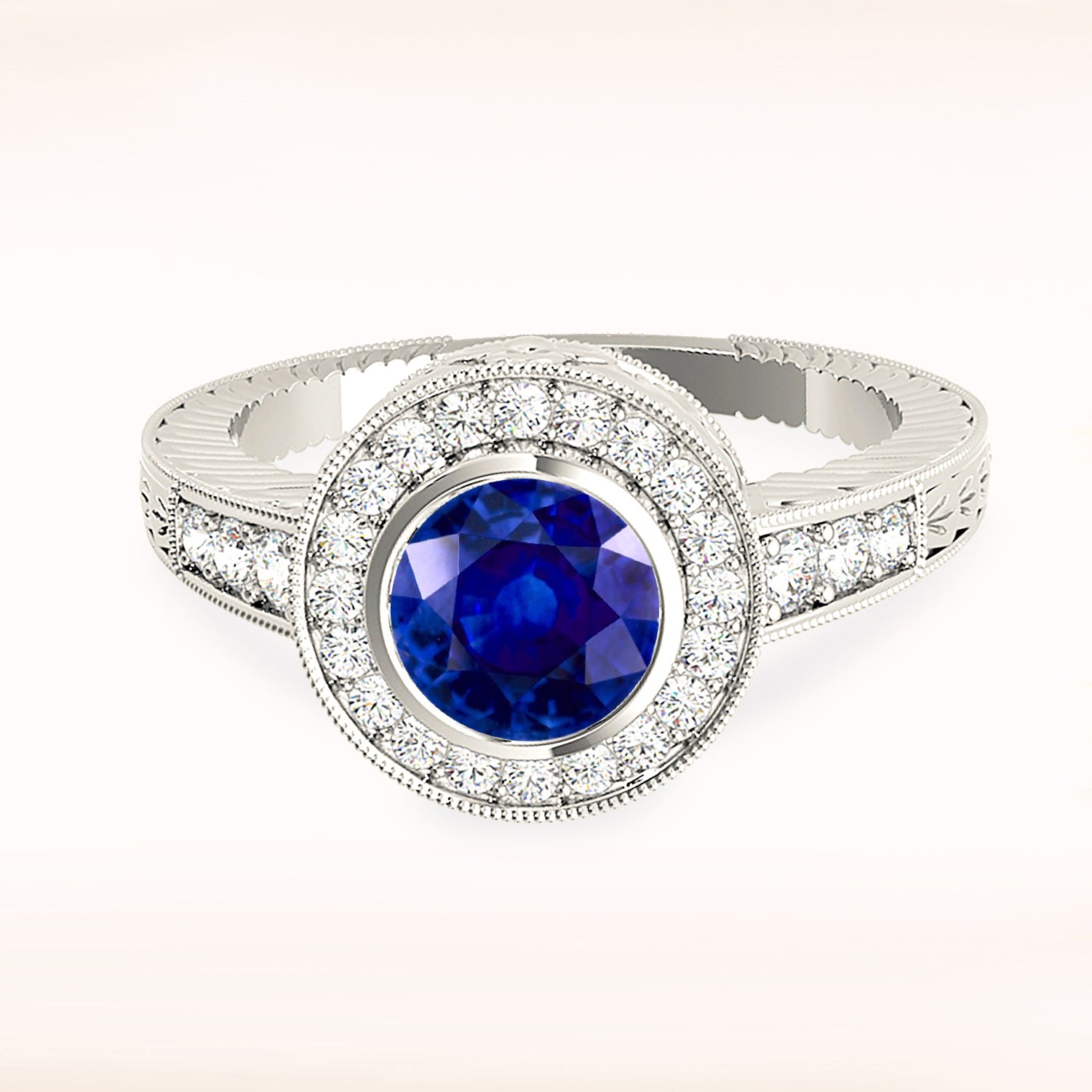 1.35 Carat Genuine Blue Sapphire Bezel Set Vintage Halo Ring – Elegant Antique Style Jewelry for Engagement, Wedding & Special Occasions