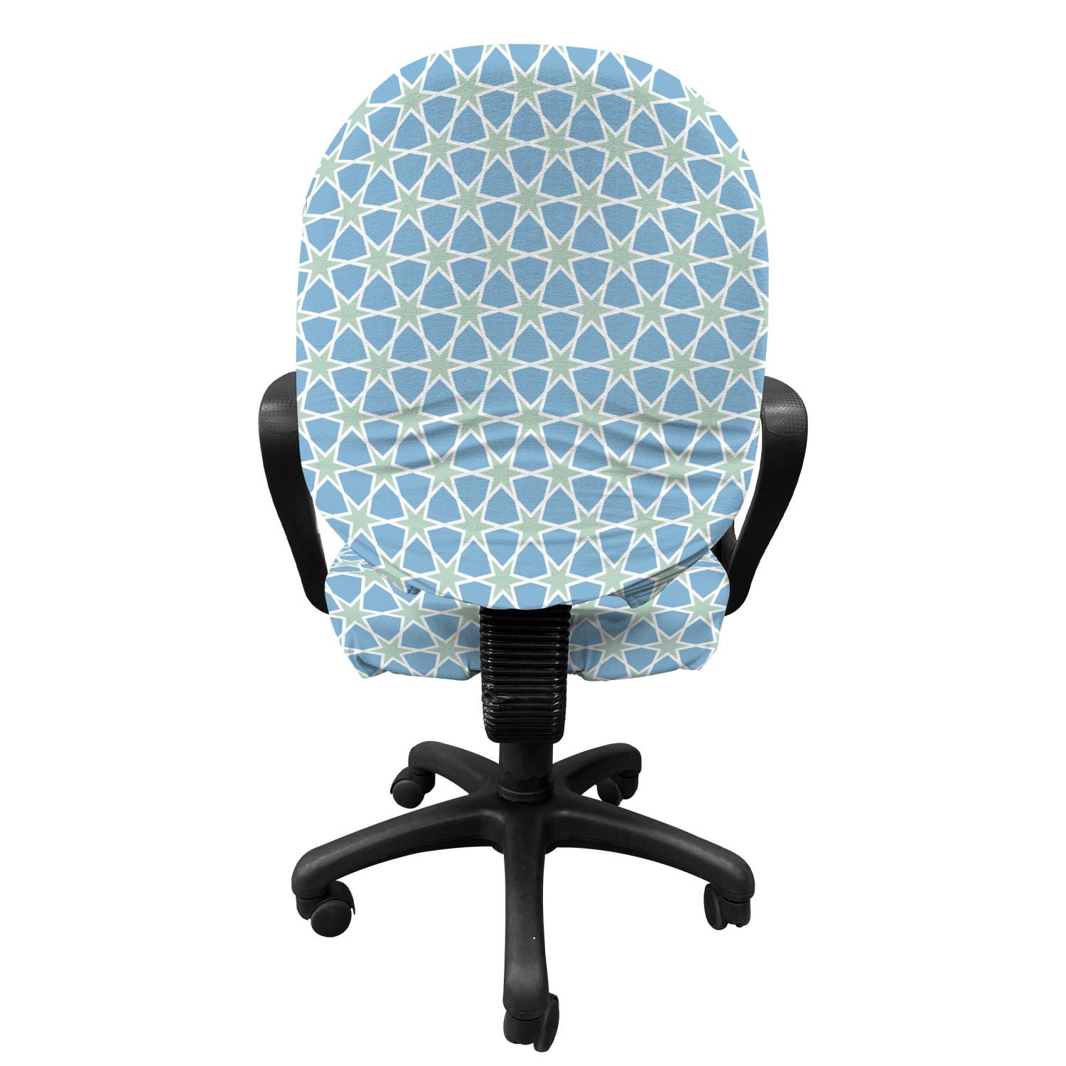 Ambesonne Moroccan Office Chair Slipcover - Mosaic Pattern Zellige Art Stars Design, Stretchable & Washable Fabric Cover, Standard Size (Green Blue White) for Home Office, Living Room, or Study Decor