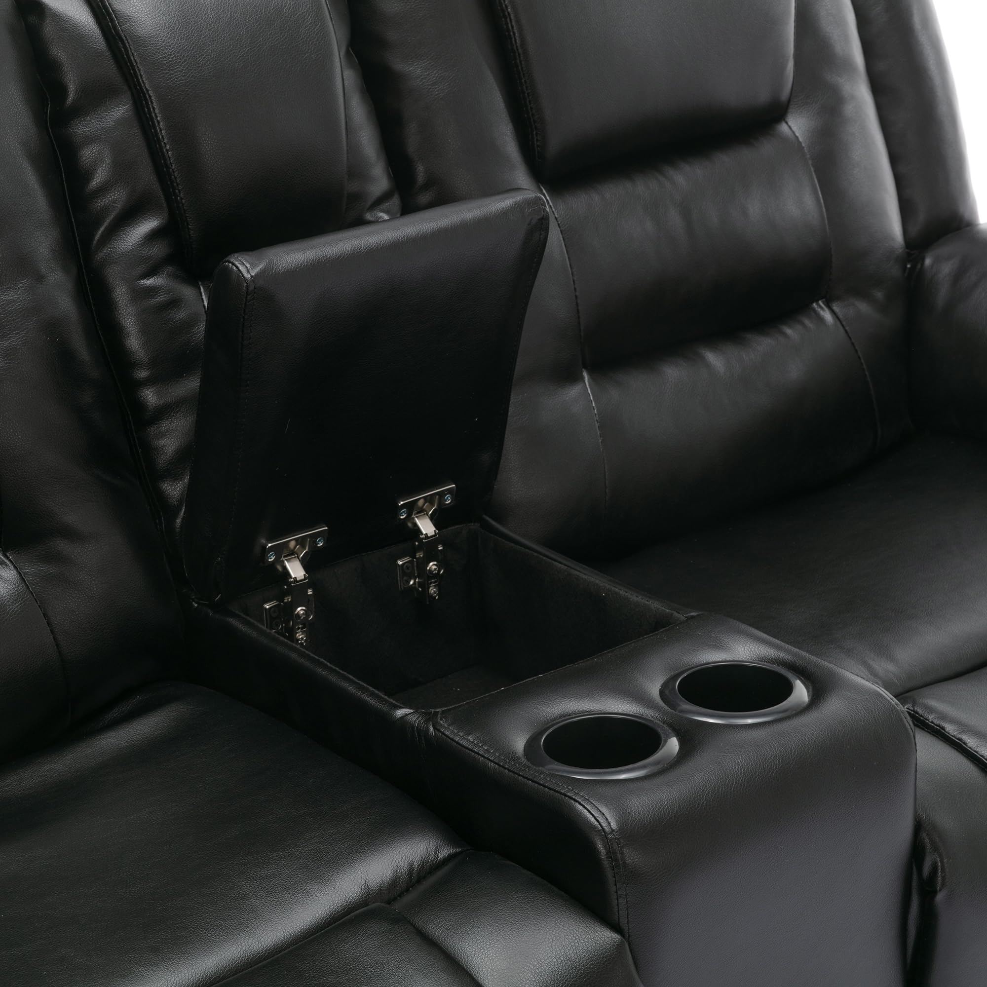Premium PU Leather Manual Reclining Sofa with Storage & Cup Holders - Comfortable 2-Seater Living Room Furniture for Small Spaces, Modern Home Theater & Game Room Use - Black