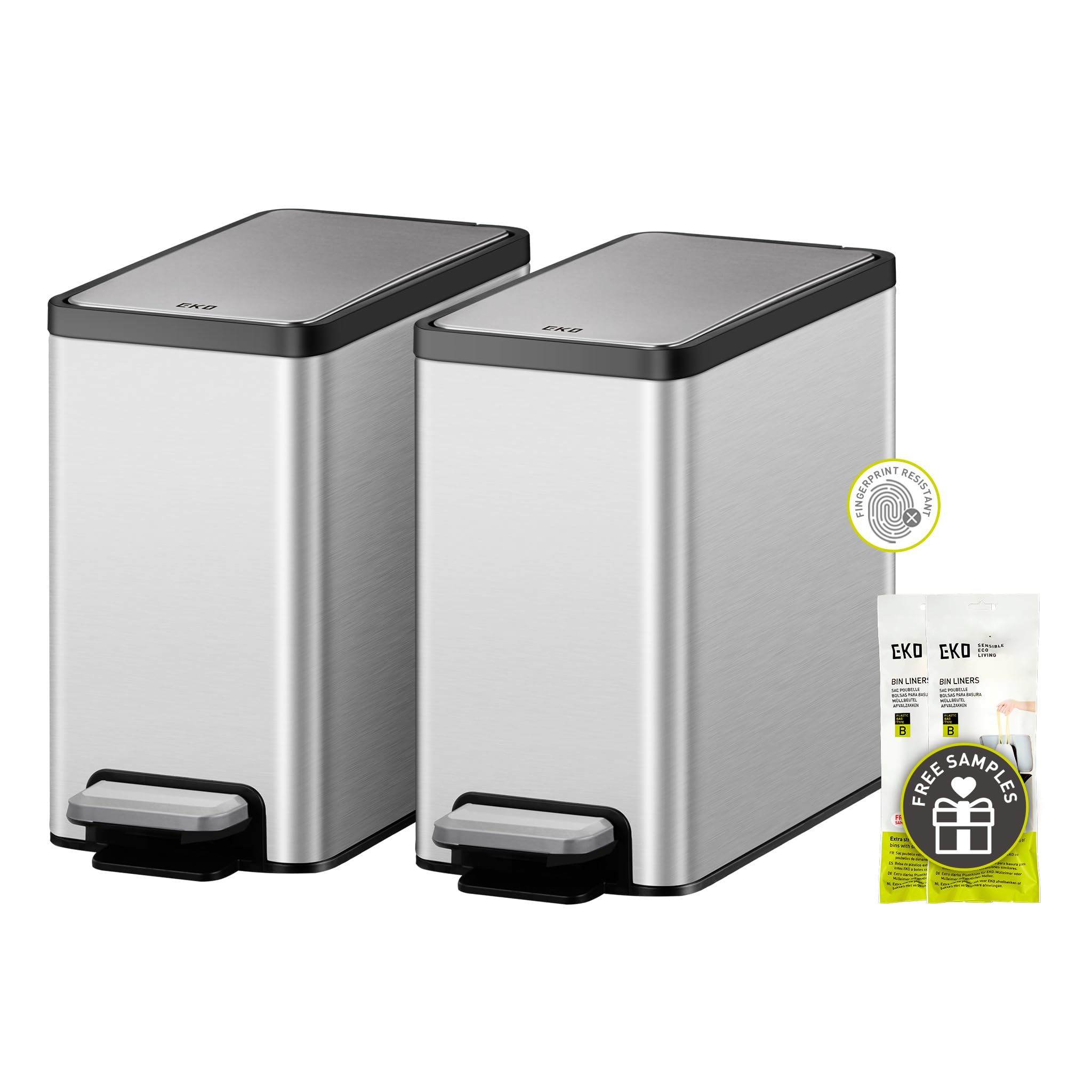 EKO Slim Small Bathroom Trash Can with Lid - Stainless Steel Kitchen Garbage Bin with Removable Inner Bucket, 6L/1.6 Gallon Capacity, 2-Pack Step-On Combo - Perfect for Bathrooms, Kitchens, Offices & Small Spaces