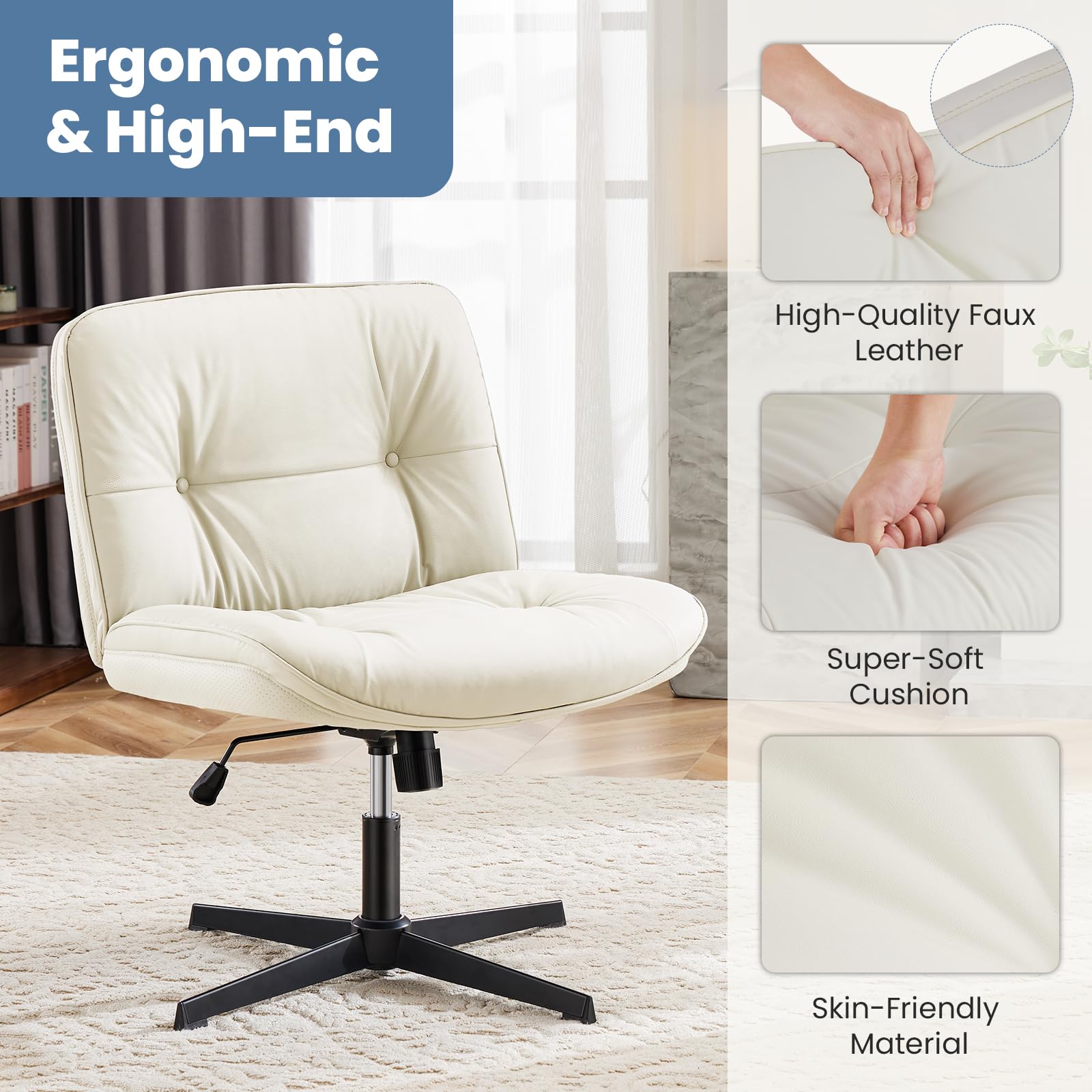 DUMOS Criss Cross Chair - Armless Office Chair with Adjustable Height, No Wheels, Comfortable Task Seating for Home & Office - Perfect for Computer Work, Vanity Desk, and Workspace Ergonomics
