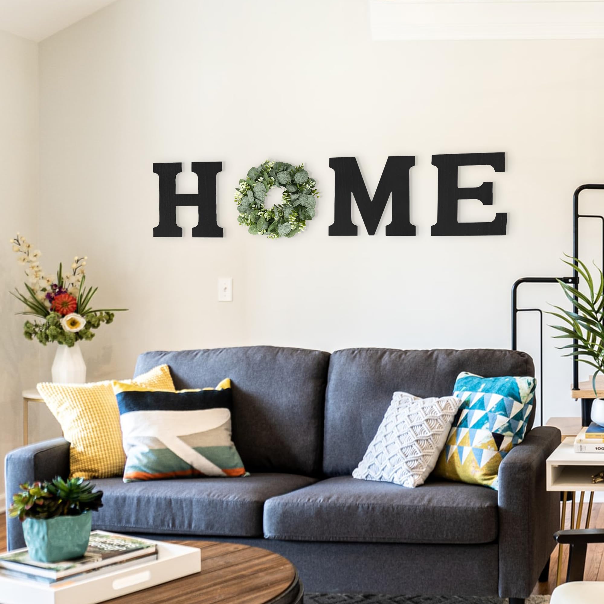 Rustic Wood Home Sign with Artificial Eucalyptus Wreath - Farmhouse Wall Decor for Living Room, Kitchen & Entryway - Black Wooden Letters for Wall Art - Perfect for Housewarming Gifts & Cozy Home Decor