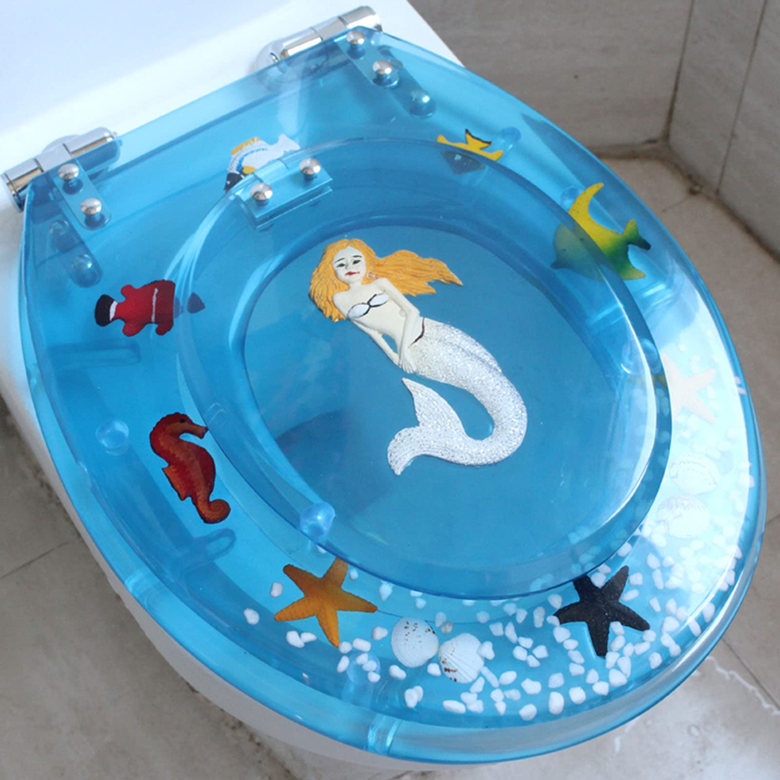 YiLing Blue Slow Close Toilet Seat with Built-in Child Seat - Ocean Style Design, Quick Disassembly & Easy Installation - Quiet Closing for Adults & Kids - Perfect for Family Bathrooms & Small Spaces