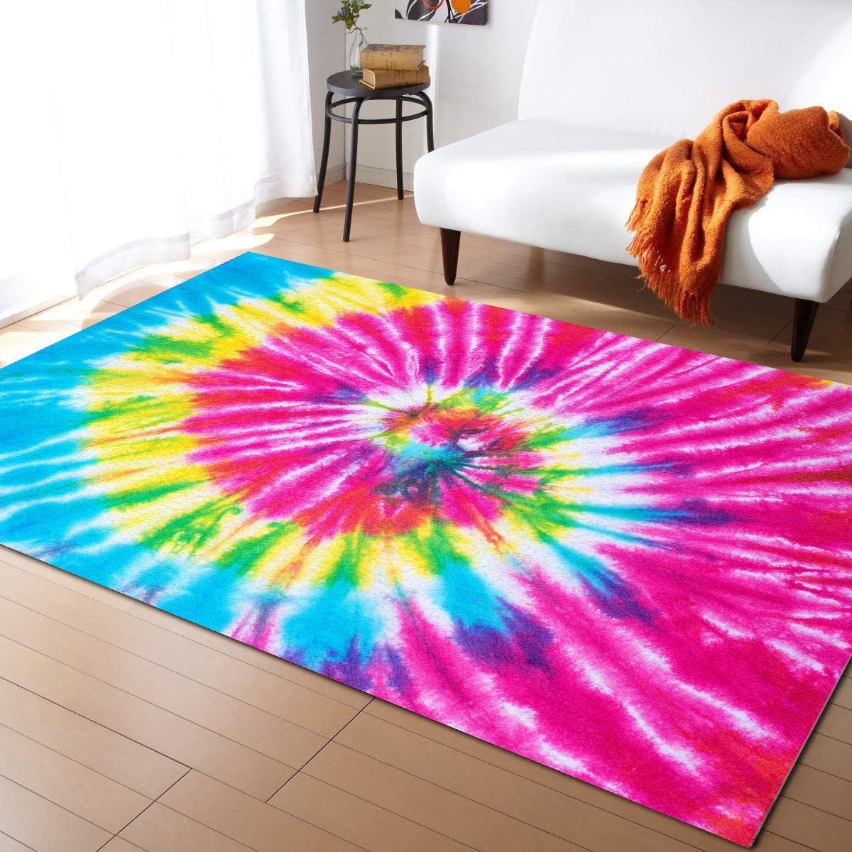 3'x5' Iridescent Spiricle Tie-Dye Area Runner Rug - Washable Indoor/Outdoor Carpet for Kitchen, Living Room, Bathroom, Bedroom, Classroom & Laundry Room | Non-Slip Doormat & Welcome Floor Mat for Home & Office Decor