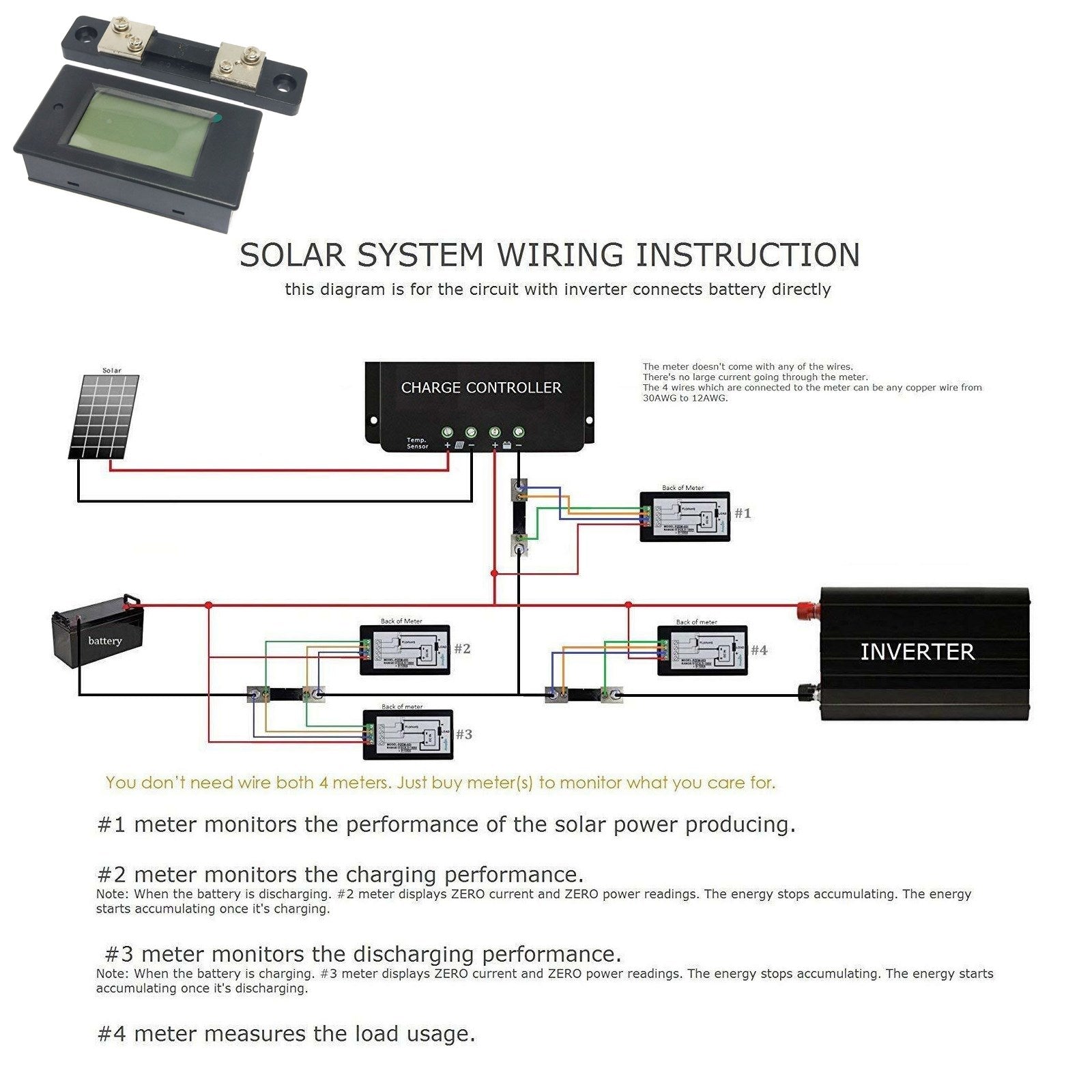 100A DC Digital Watt KWH Current Power Energy Meter with Ammeter Voltmeter 100V - Monitor Solar Panels, Batteries, and Electrical Systems
