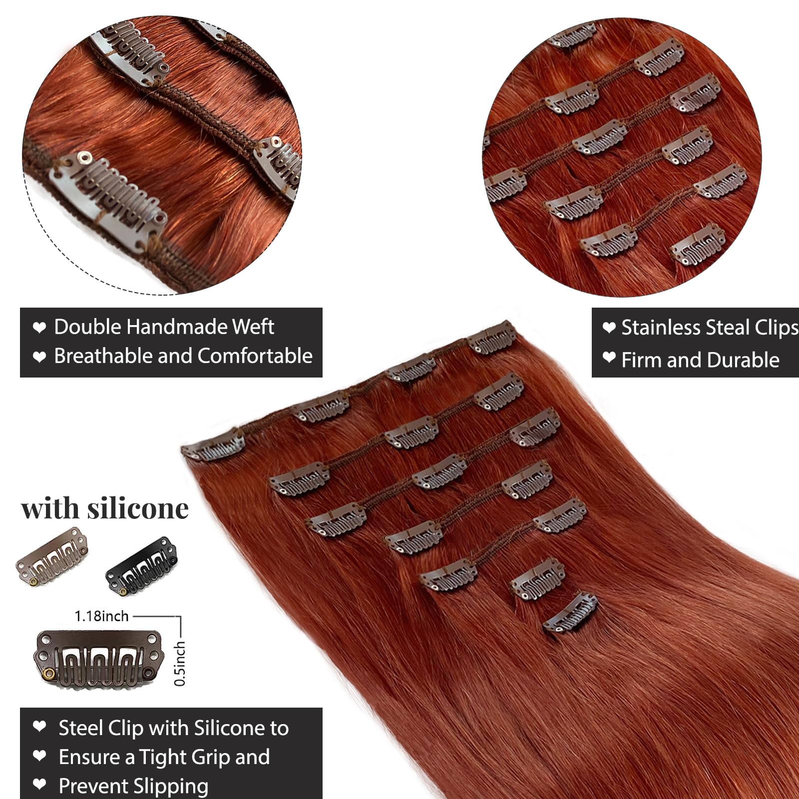 Belaved 14 Inch 70g Auburn Remy Human Hair Extensions Clip-Ins for Women - 7pcs Seamless Natural Hair Extensions #135 - Perfect for Parties, Weddings & Daily Styling