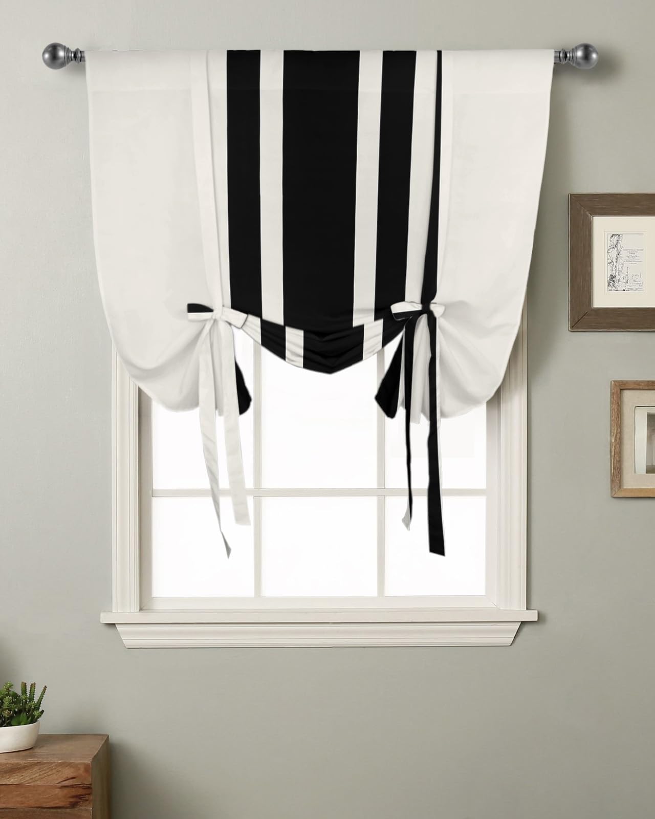 Black and White Striped Balloon Window Shade Curtain - Rustic Farmhouse Style Rod Pocket Short Curtain for Small Windows (42x63 Inch) | Adjustable Tie-Up Design for Kitchen, Living Room & Countryside Decor | Christmas Holiday Home Decoration