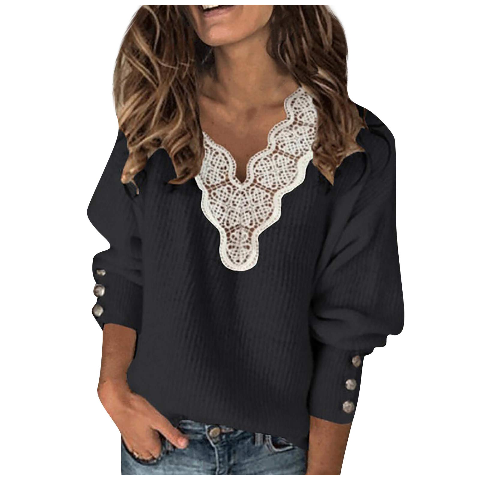 Women's Casual Long Sleeve V-Neck Lace Patchwork Loose Blouse Top - Sexy Comfortable Sweatshirt for Everyday Wear, Date Night & Office Outfits