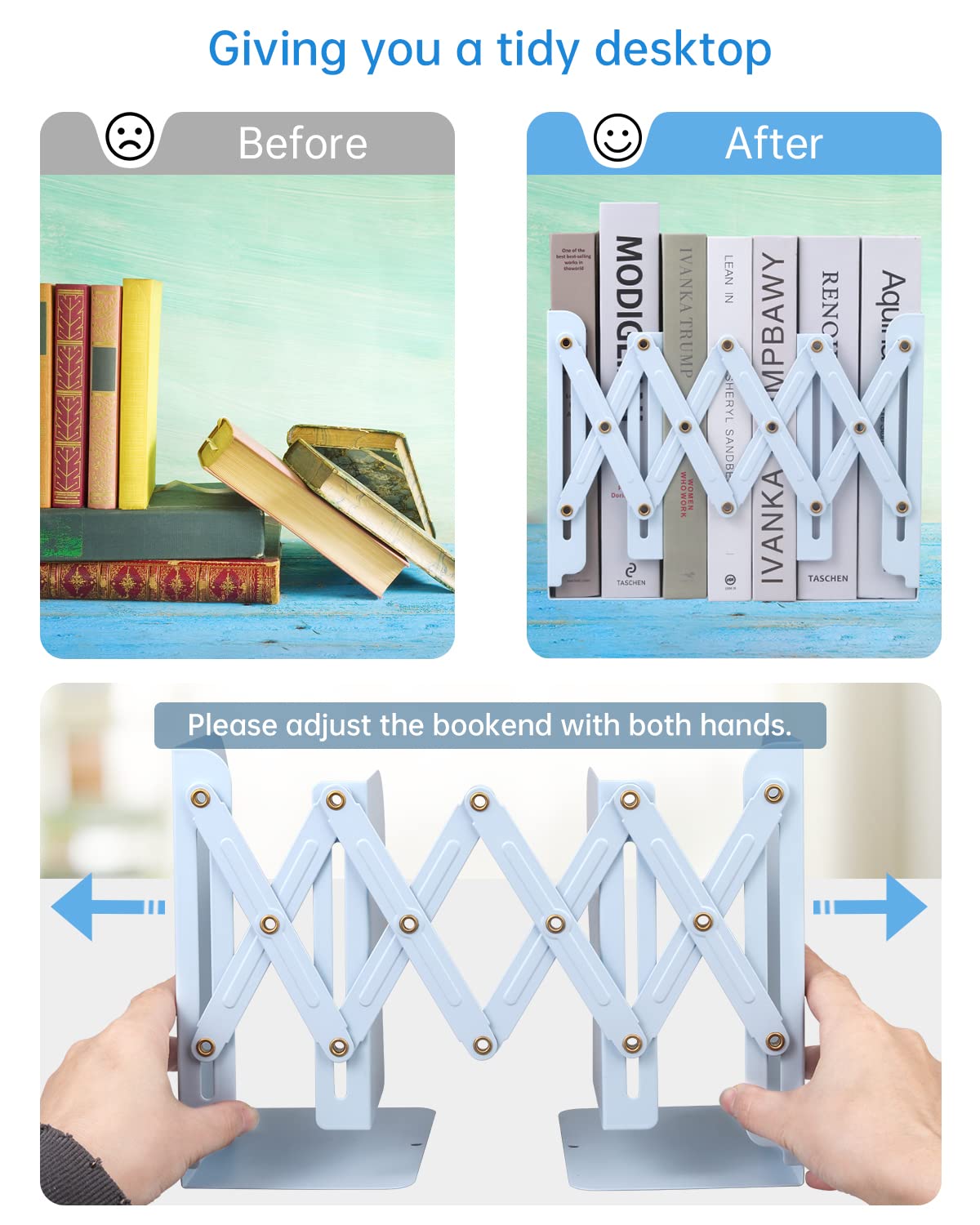 Honagu Adjustable Metal Bookends for Shelves - Heavy Duty Book Organizer for Home & Office - Extends up to 19 inches (Light Blue) - Perfect for Books, Magazines, Papers & Desk Organization