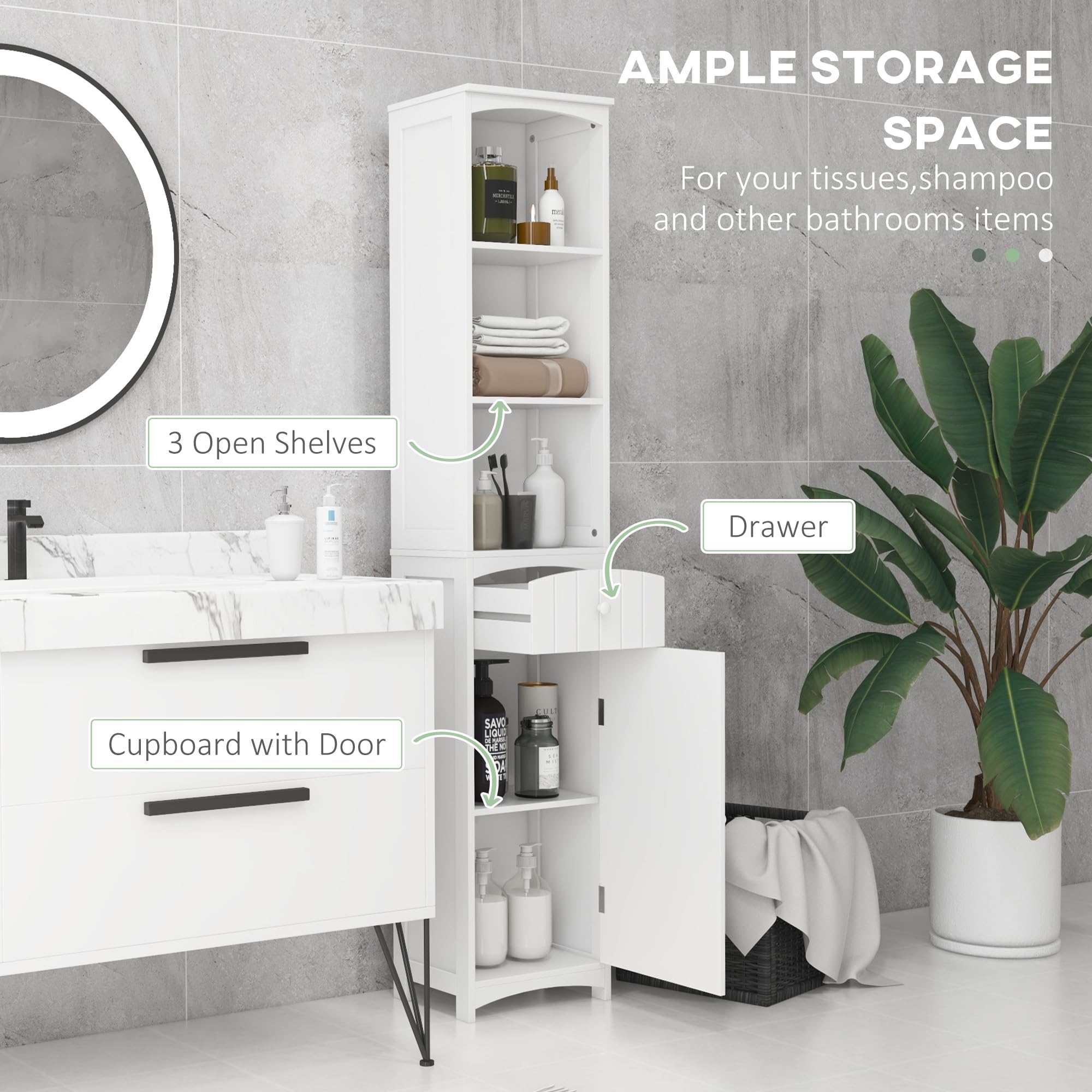 HOMCOM White Bathroom Storage Cabinet - 3-Tier Shelves with Drawer, Freestanding Linen Tower for Bathroom Organization | Perfect for Small Spaces, Apartment Storage & Bathroom Decor