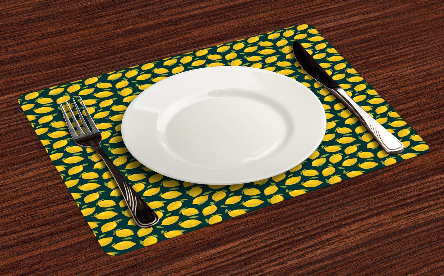 Ambesonne 4-Pack Lemon Placemats Set - Citrus Cartoon Design with Leaves on Dark Background, Washable Fabric Table Mats for Dining Room & Kitchen Decor in Earth Yellow, Apple Green & Dark Petrol Blue - Perfect for Spring Parties, Picnics & Farmhouse Style Dining