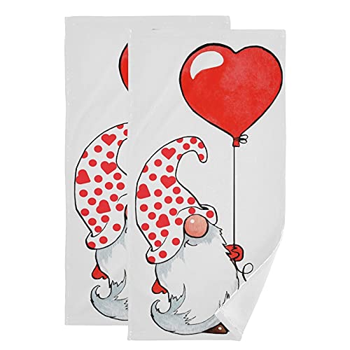 2 Pack Valentine's Day Gnome Bath & Hand Towels - 15x24 Inch Soft Absorbent Kitchen Dish Towel Set - Decorative Guest & Fingertip Towels for Bathroom, Beach, Spa, Gym & Sports Activities