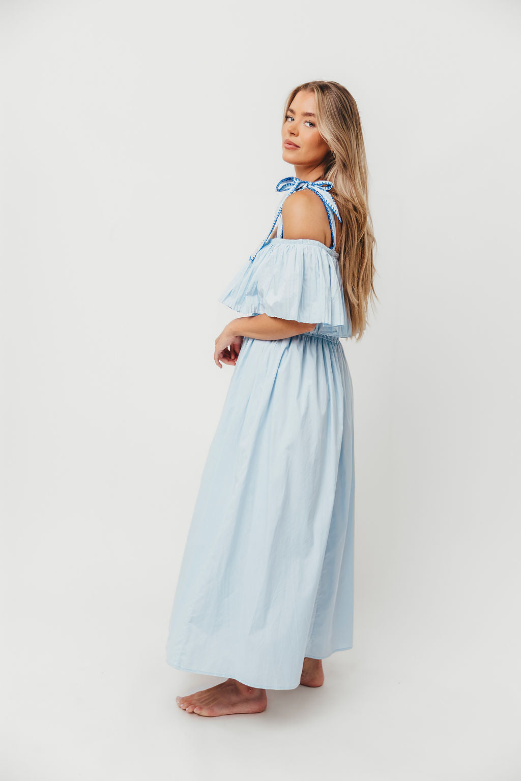Aviva 100% Cotton Pleated Off Shoulder Midi Dress - Light Blue Summer Dress for Beach, Wedding & Casual Outings