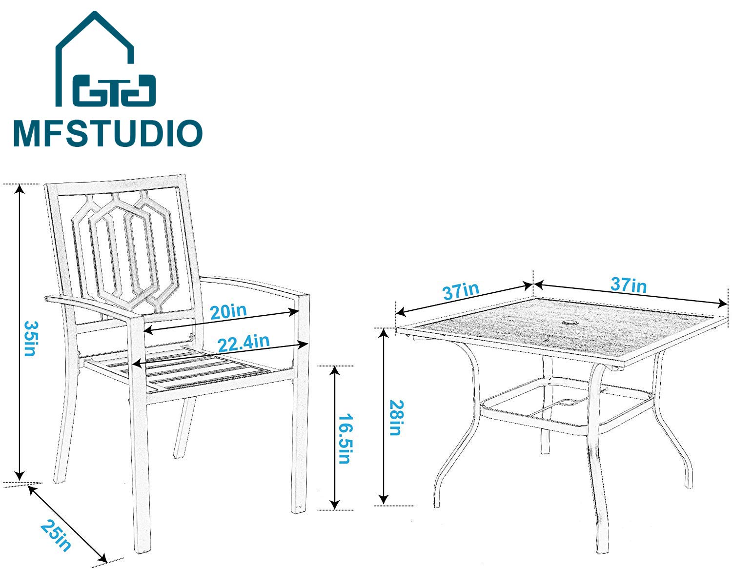 MFSTUDIO 5-Piece Metal Patio Dining Set - 4 Chairs & 37