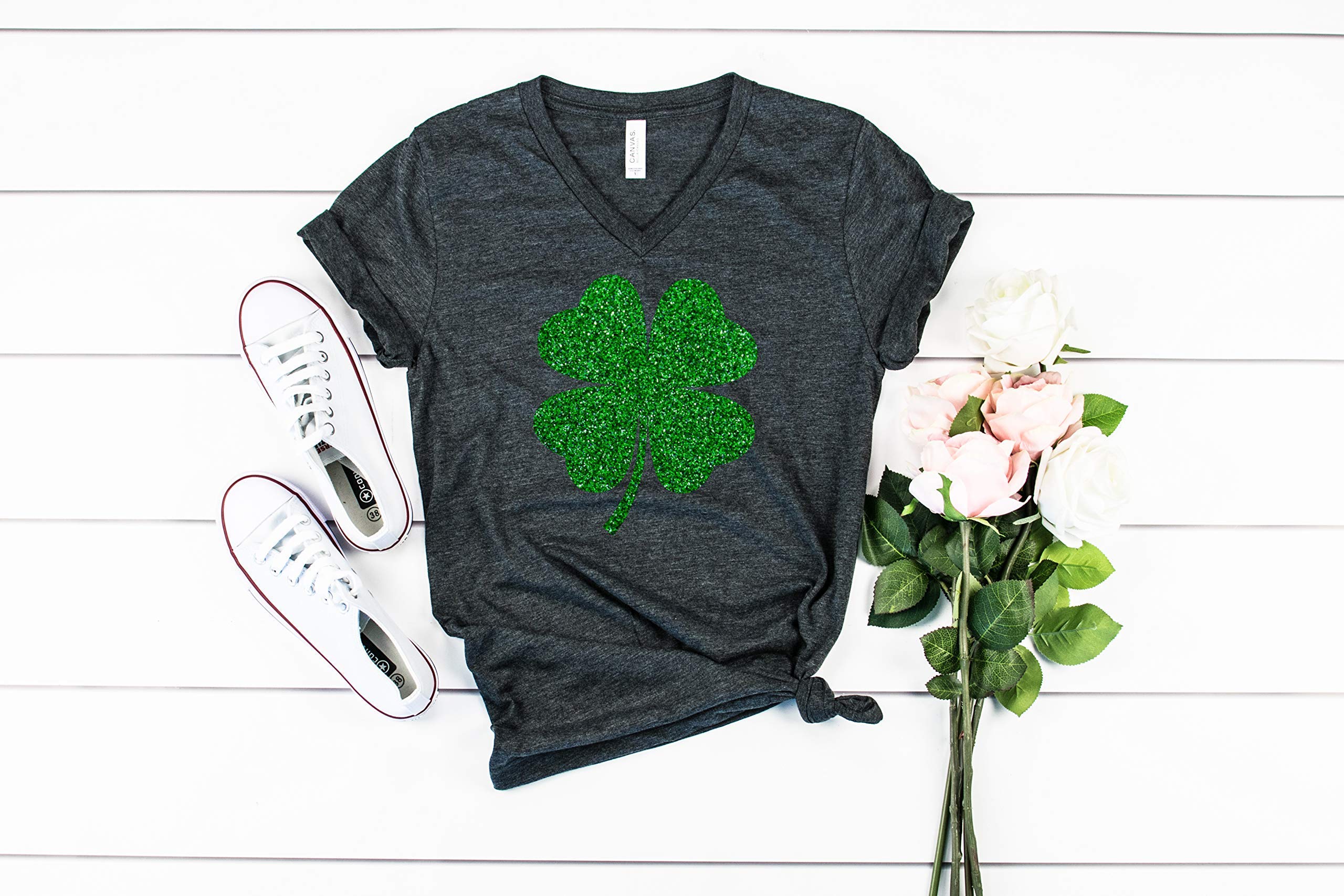 Glitter Clover Women's St Patrick's Day T-Shirt - Shamrock Graphic Tee for St Patty's Day Celebration | Festive Party Outfit & Irish Pride Apparel