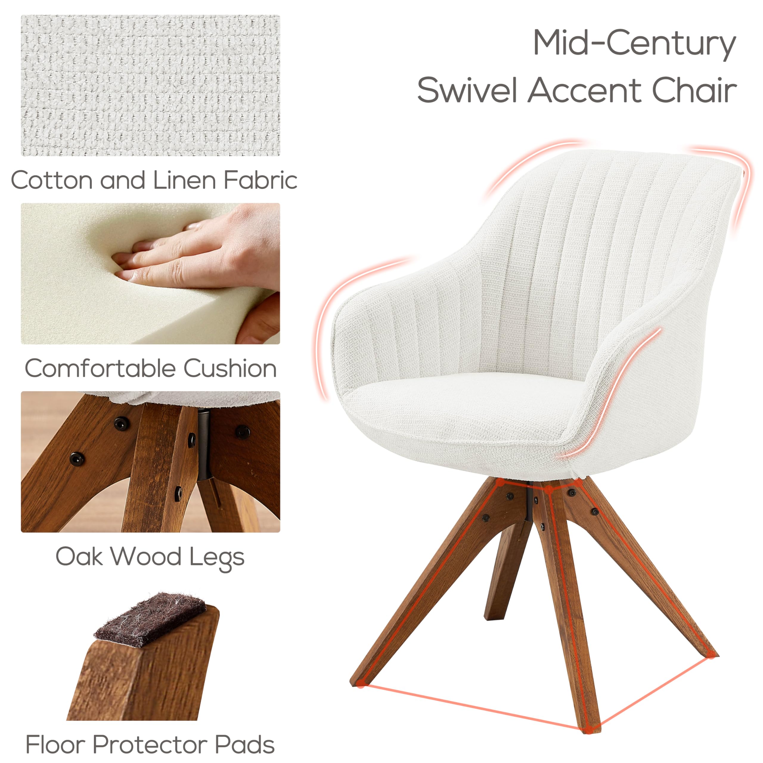 Art Leon Mid Century Modern Office Chair - No Wheels, Swivel Accent Chair with Oak Wood Legs & Fabric Upholstery in Ivory | Perfect for Home Office, Study Room & Reading Nook