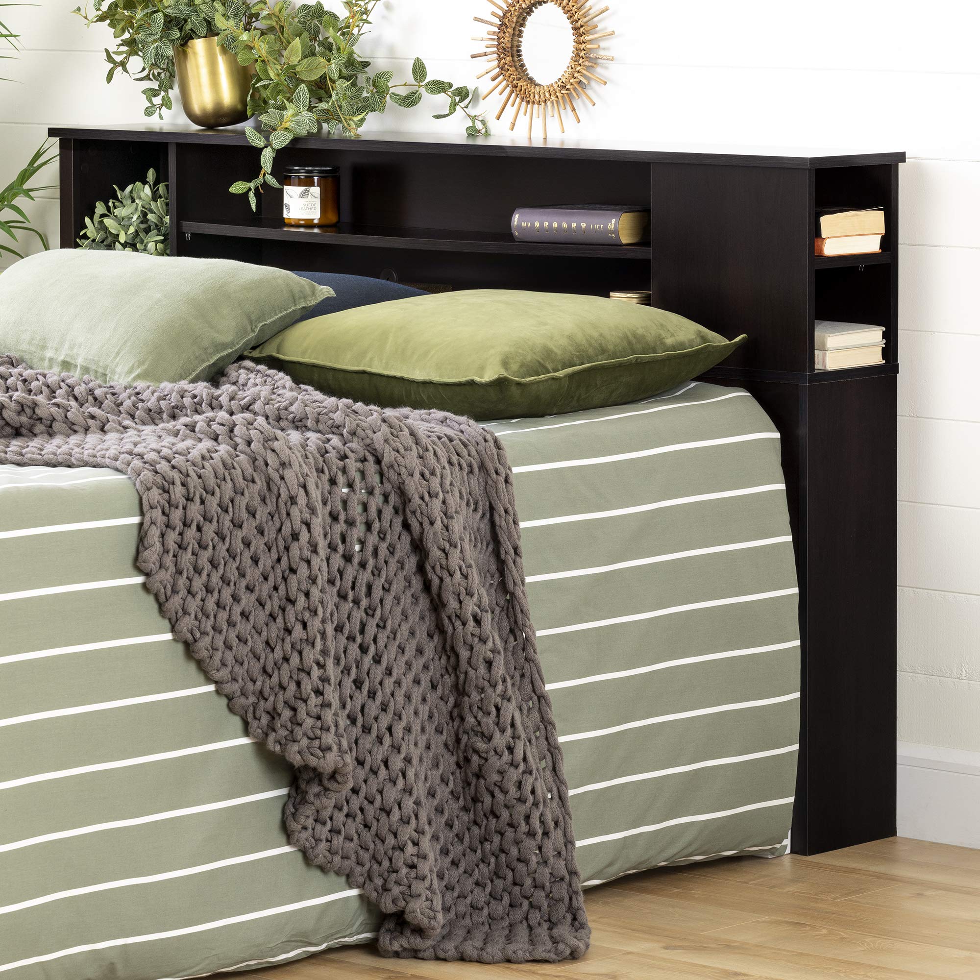 South Shore Vito Bookcase Headboard - Queen Size Bed with Storage, Chocolate Finish - Perfect for Small Bedrooms & Studio Apartments