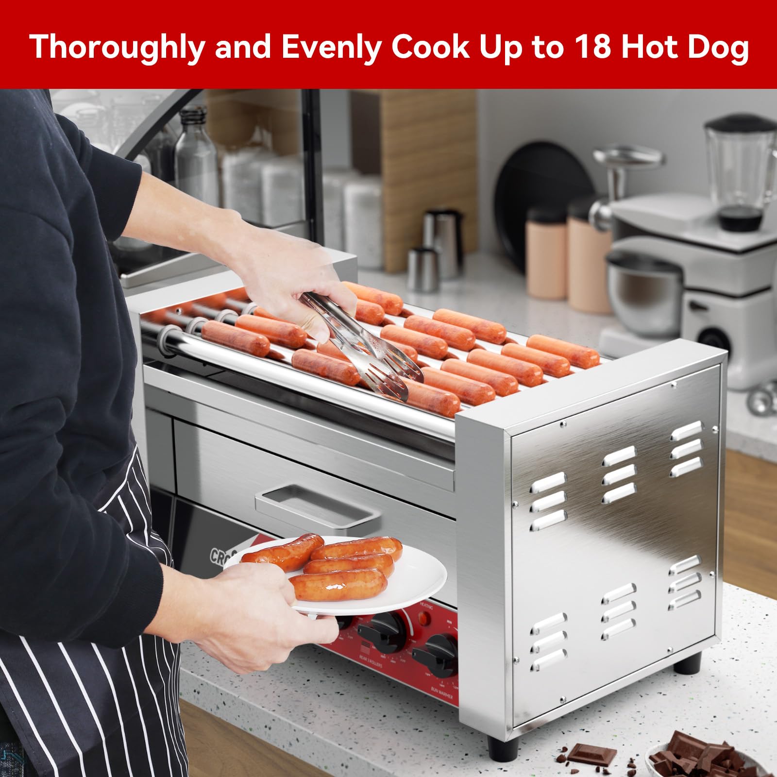 **Commercial 7-Roller Hot Dog Grill Machine with Bun Warmer - 304 Stainless Steel, Nonstick, 120V 1350W - Perfect for Restaurants, Food Trucks & Catering Events**