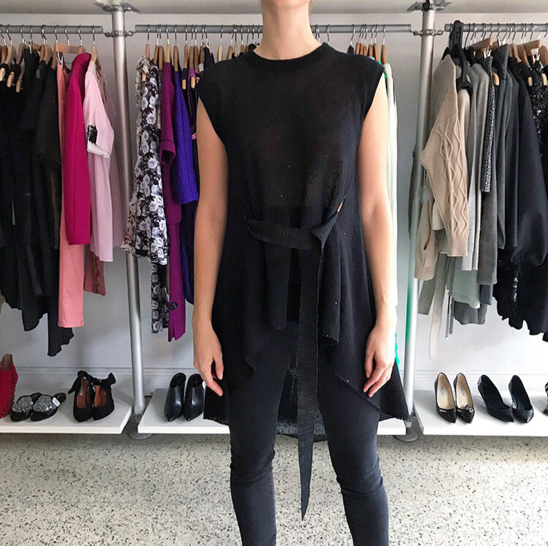 Brunello Cucinelli Women's Black Sleeveless Knit Top with Ribbon Belt - Size M | Luxury Cashmere Summer Blouse for Office & Evening Wear