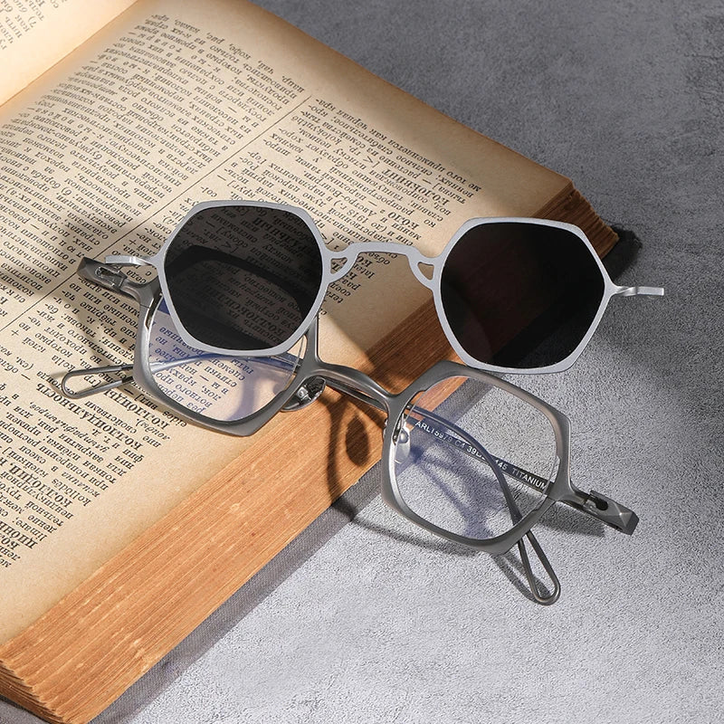 Stylish Unisex Black Titanium Frame Polygon Eyeglasses with Clip-On Sunglasses - Perfect for Outdoor Activities, Driving & Fashion Accessories