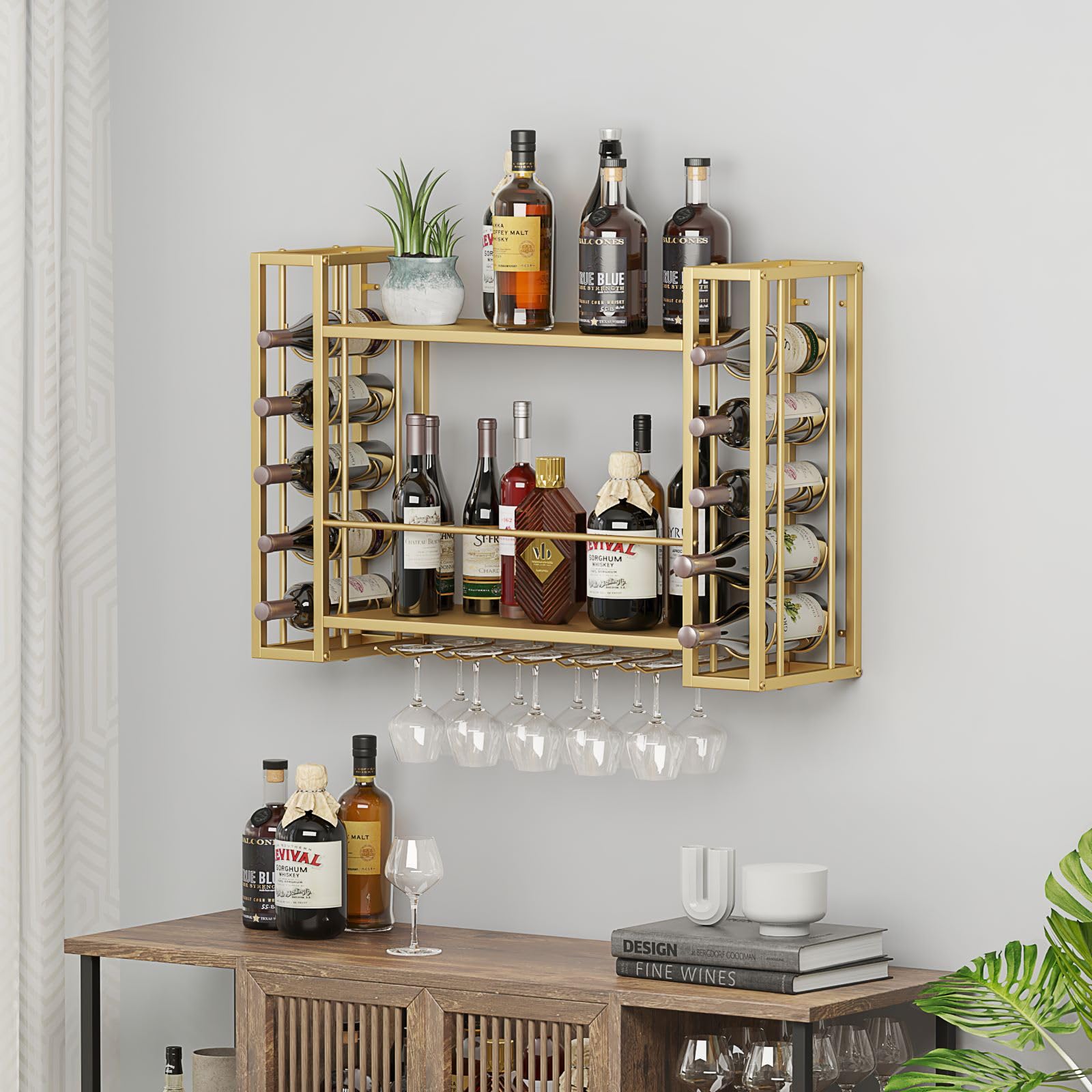 Wall Mounted Wine Rack - Floating Bar Shelf with Glass Holder | Metal Bottle Storage Display for Home Bar in Gold | Perfect for Kitchen, Dining Room & Entertainment Areas