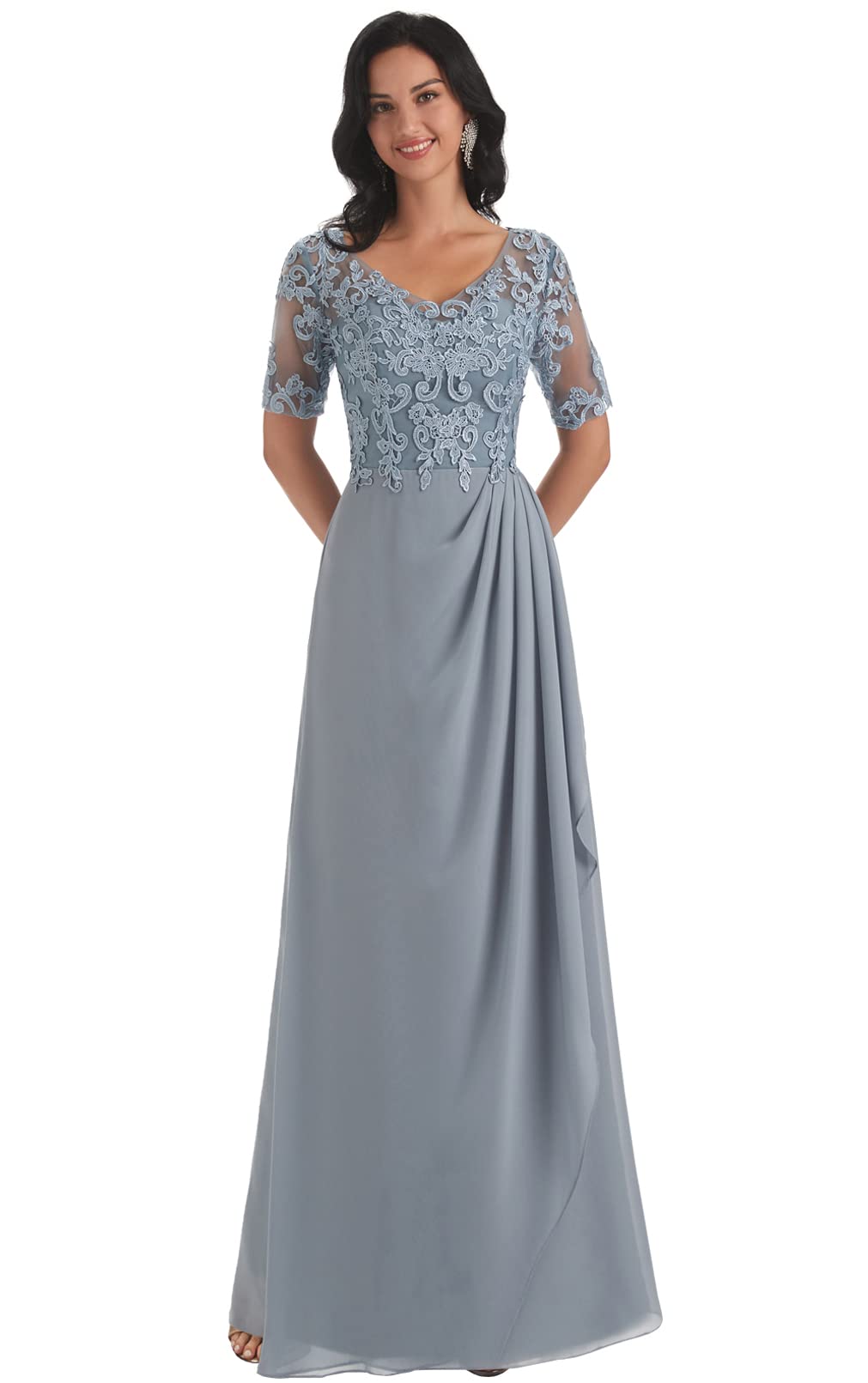 Elegant V-Neck Chiffon Lace Mother of The Bride Dress with Sleeves - Formal Long Evening Gown for Weddings, Proms & Special Occasions